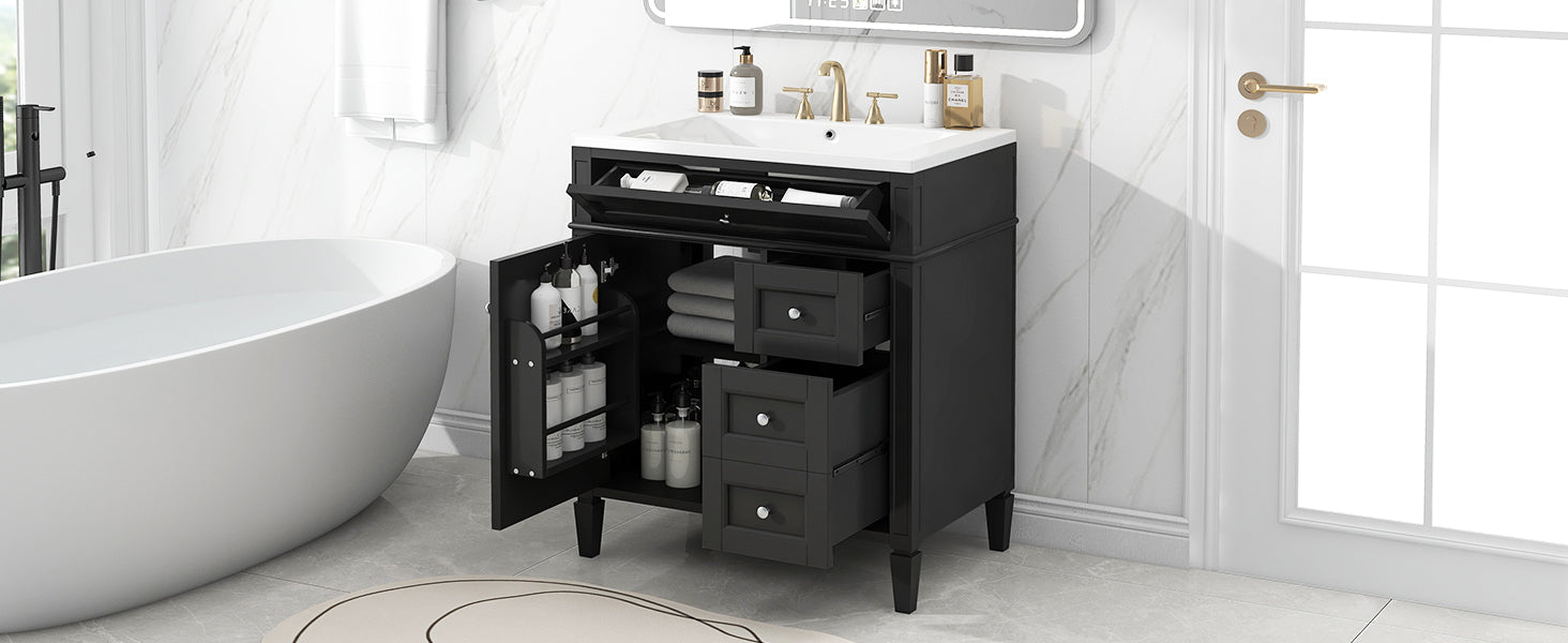 30'' Bathroom Vanity with Top Sink, Modern Bathroom Storage Cabinet with 2 Drawers and a Tip-out Drawer, Single Sink Bathroom Vanity