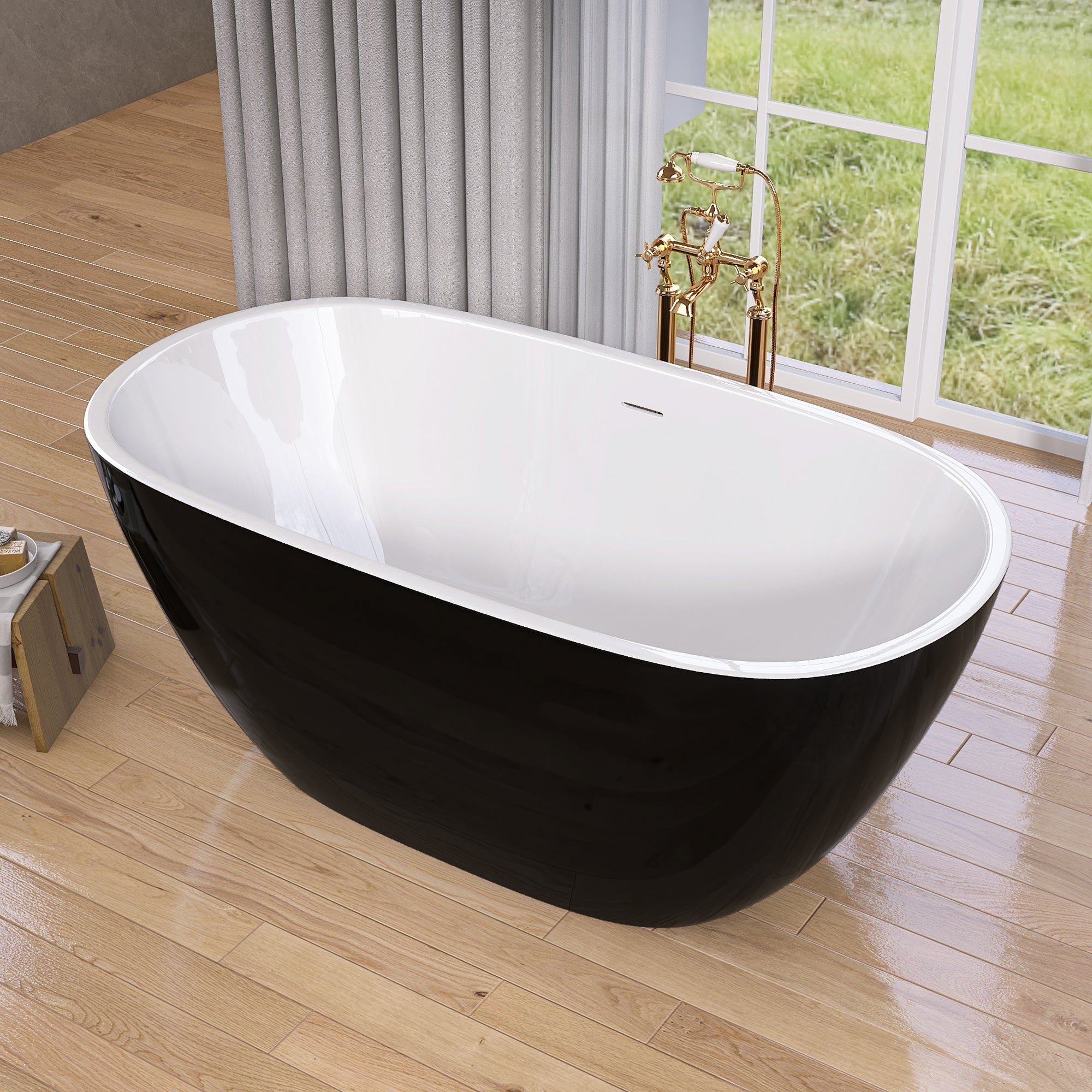 55" Acrylic Freestanding Bathtub Modern Stand Alone Soaking Bathtub with Overflow and Pop-up Drain Gloss Black