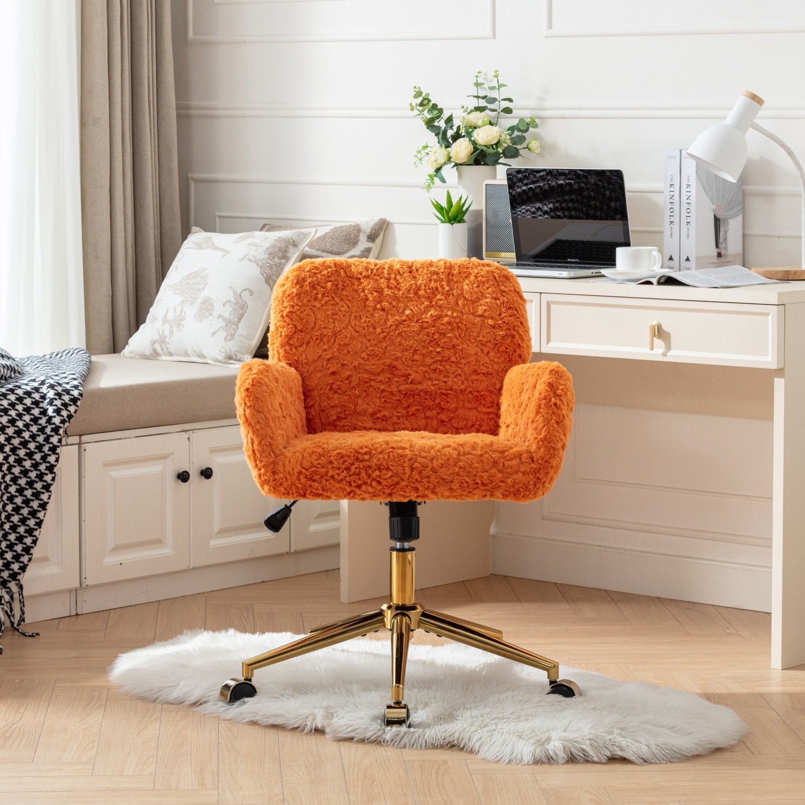 A&A Furniture Office Chair,Artificial rabbit hair Home Office Chair with Golden Metal Base,Adjustable Desk Chair Swivel Office Chair,Vanity Chair(Orange)