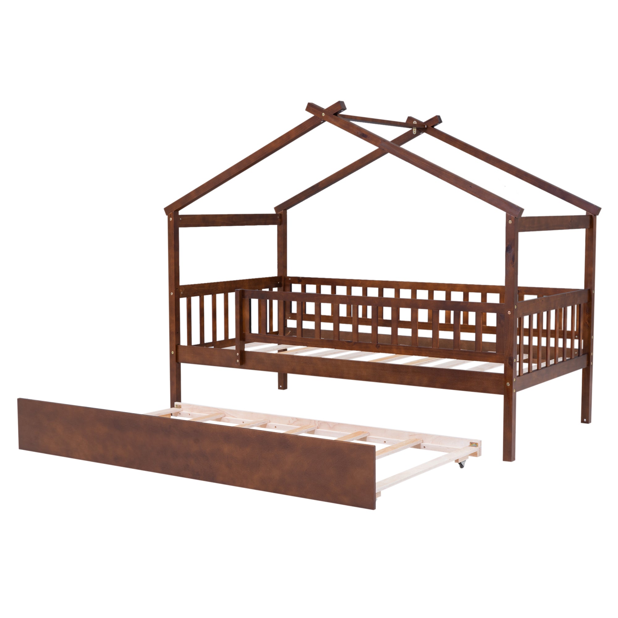 Twin Size Wooden House Bed with Twin Size Trundle, Walnut