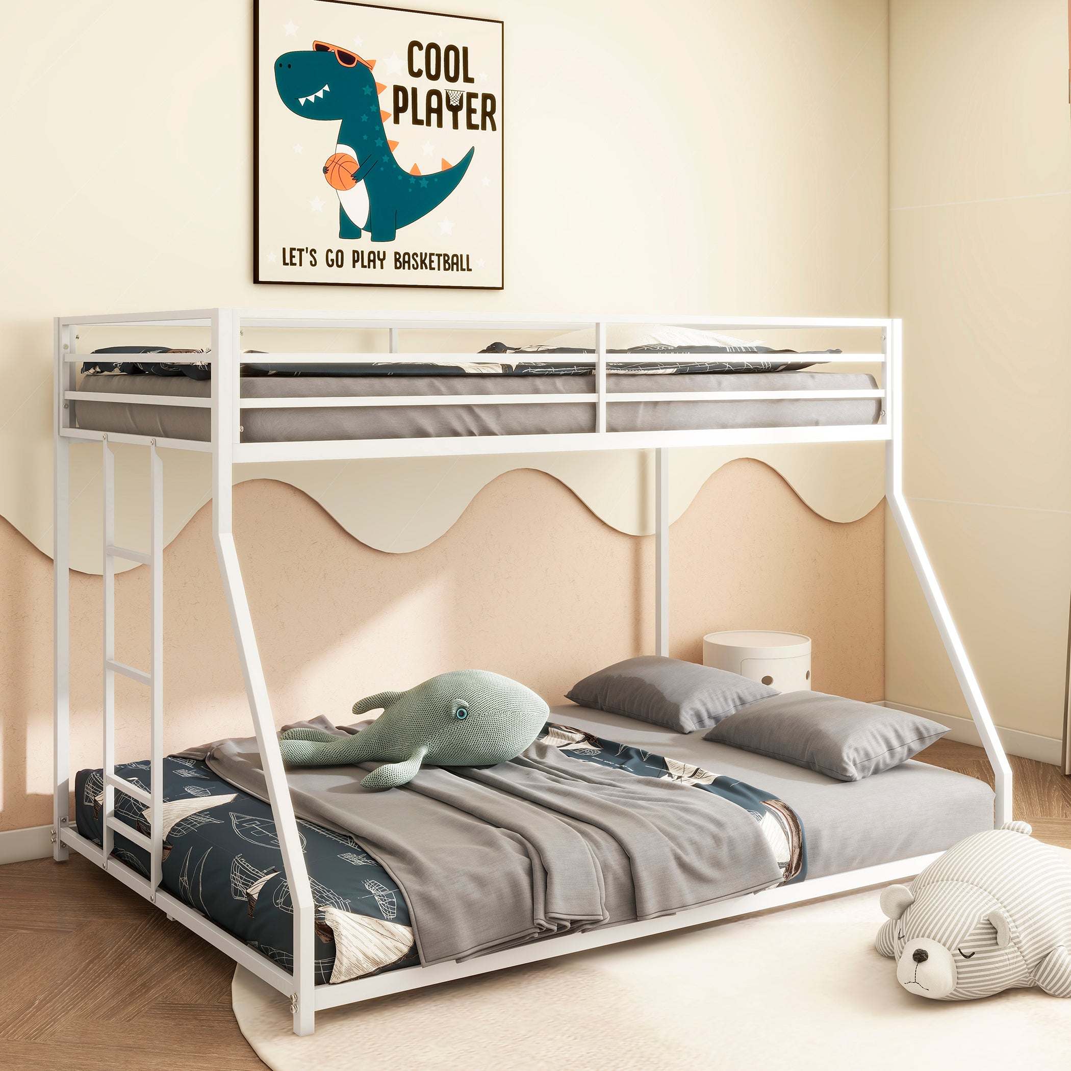 Adam Sturdy Twin Over Full Metal Bunk White for Kids and Adult, Low Profile and Easy Climbing with Stable Ladder