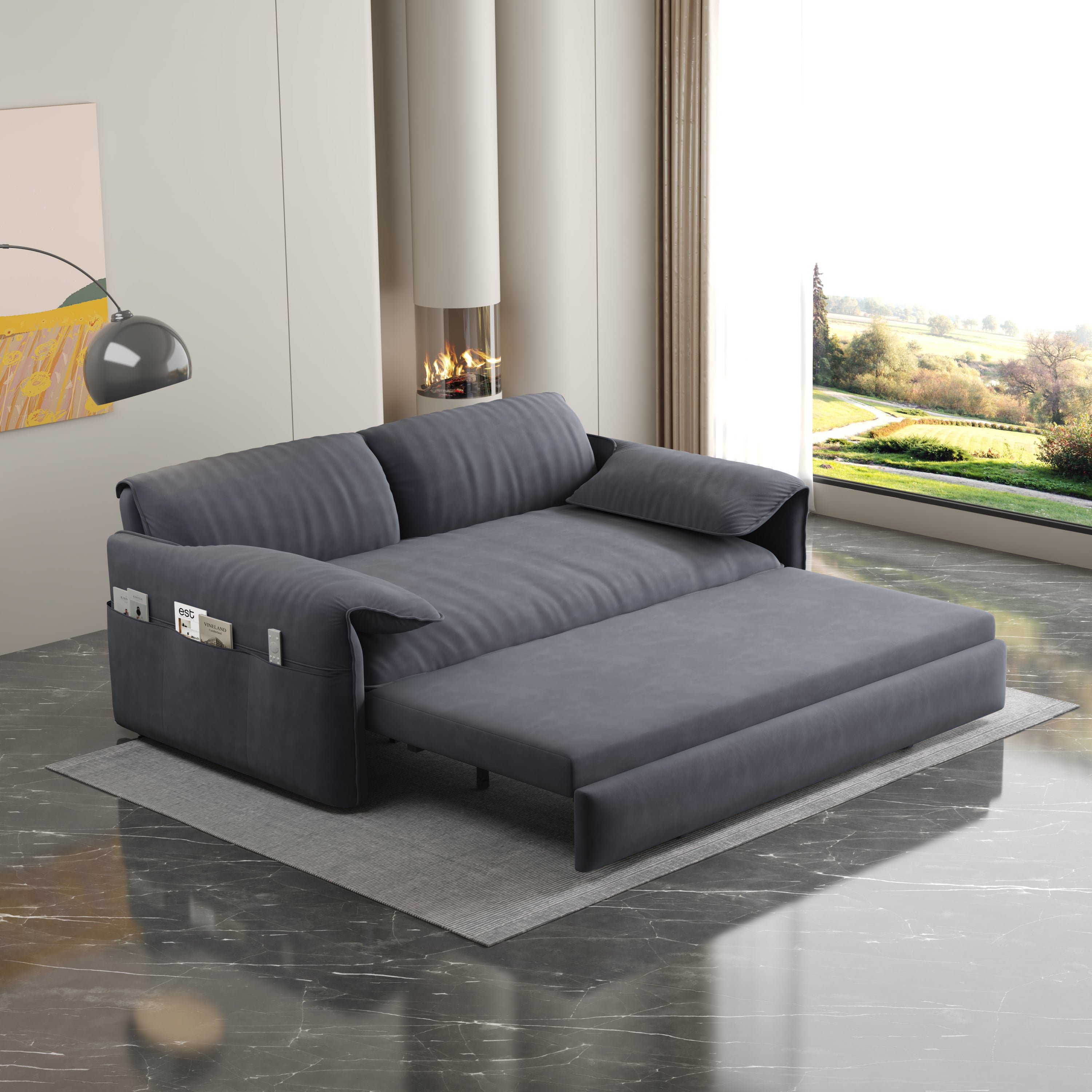 63.8" Queen Pull Out Sofa Bed, 3-in-1 Convertible Sleeper Sofa with Side Storage,Multi-Functional Velvet Loveseat Bed for Living Room,Bedroom,Apartment,Office,Grey(Old Sku:W1885122052/W1885P154639
)