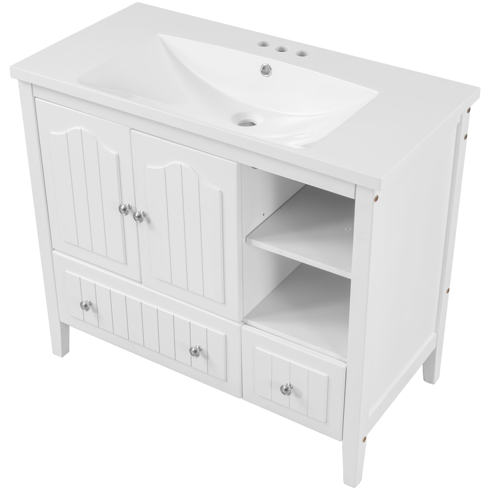 [VIDEO] 36" Bathroom Vanity with Ceramic Basin, Bathroom Storage Cabinet with Two Doors and Drawers, Solid Frame, Metal Handles, White