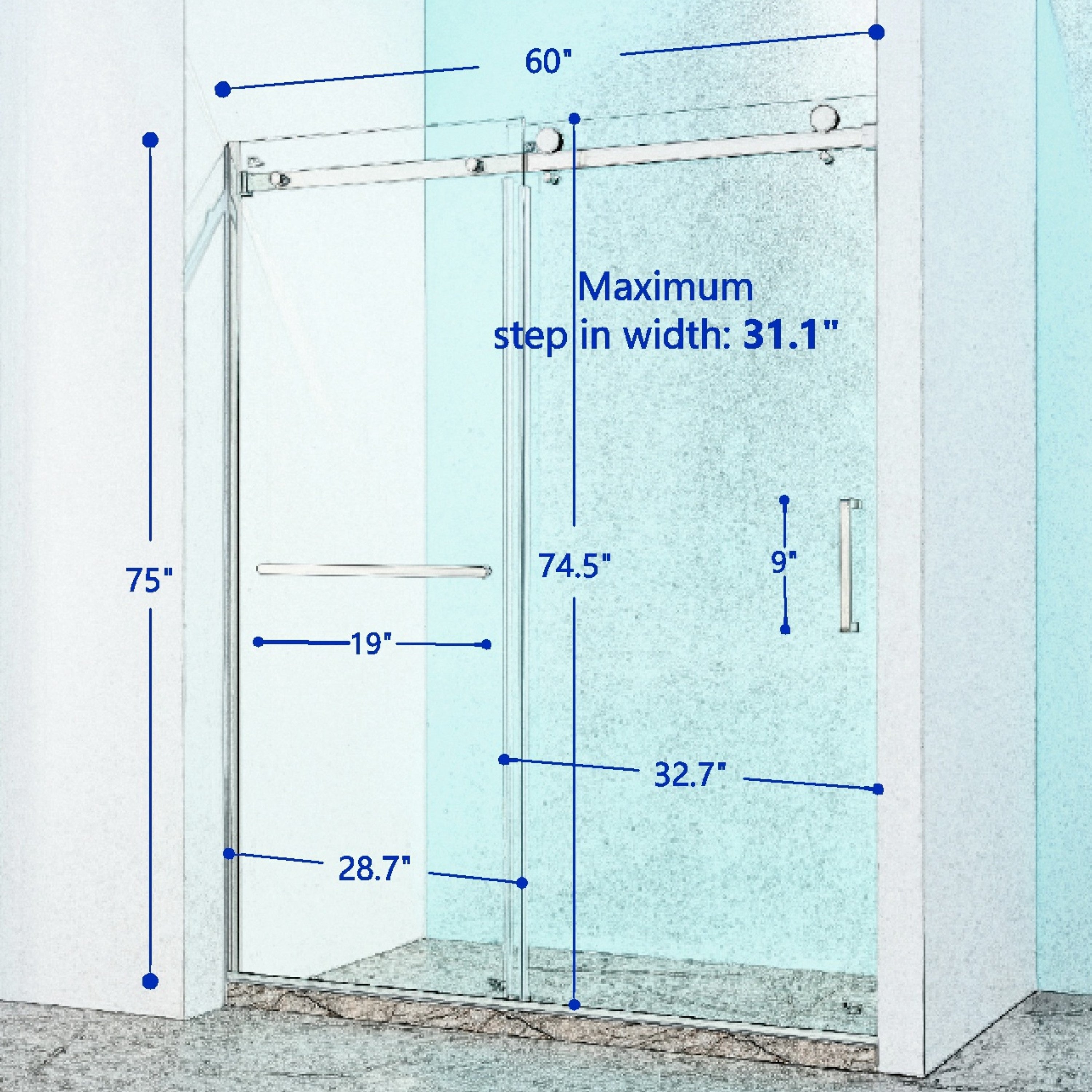 56-60"W x 75"H Semi-Frame Single Sliding Shower Door, 304 Stainless Steel in Brushed Nickel, 5/16" (8mm) Thick SGCC Tempered Clear Glass.