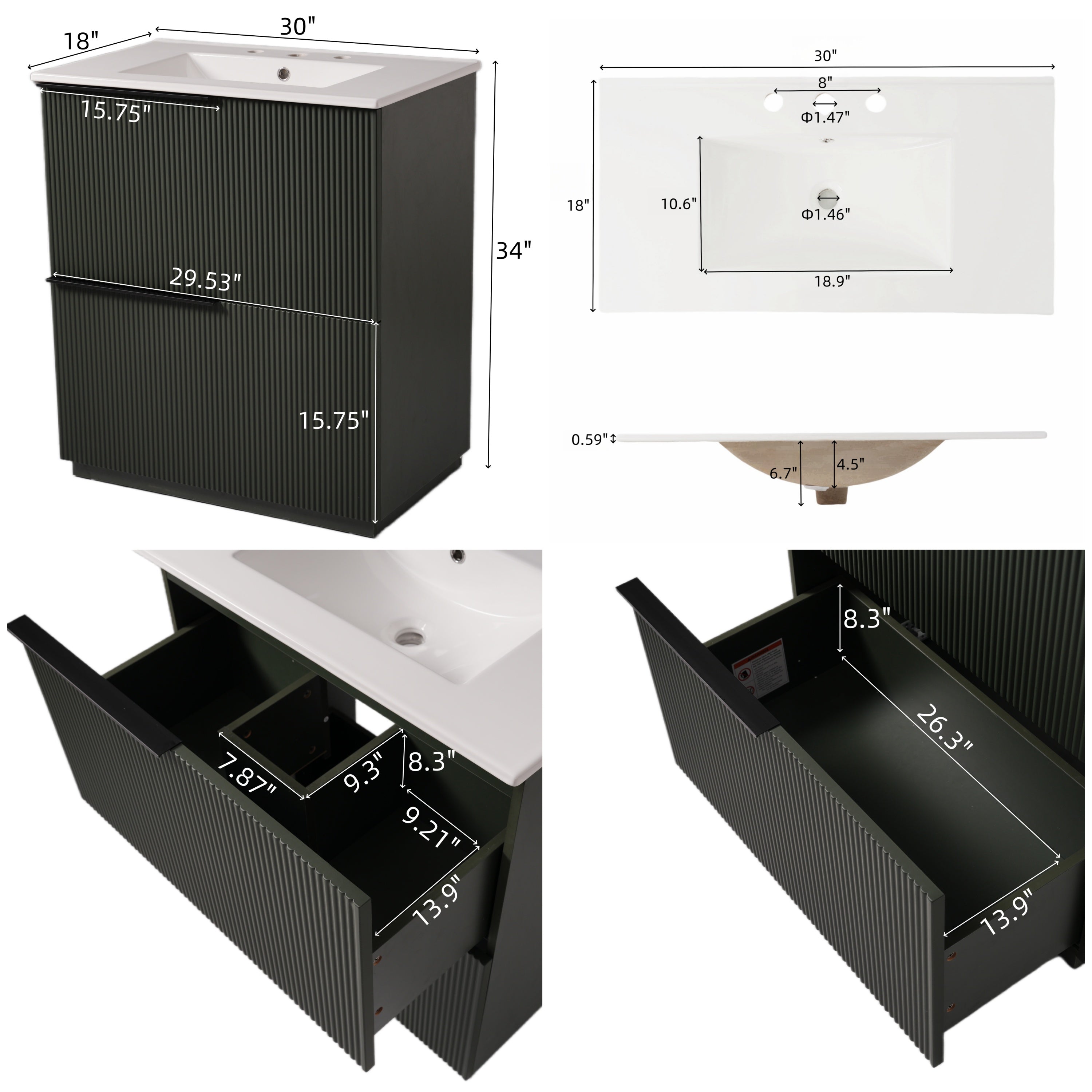 Green fluted bathroom vanity with soft-close full-extension drawers open