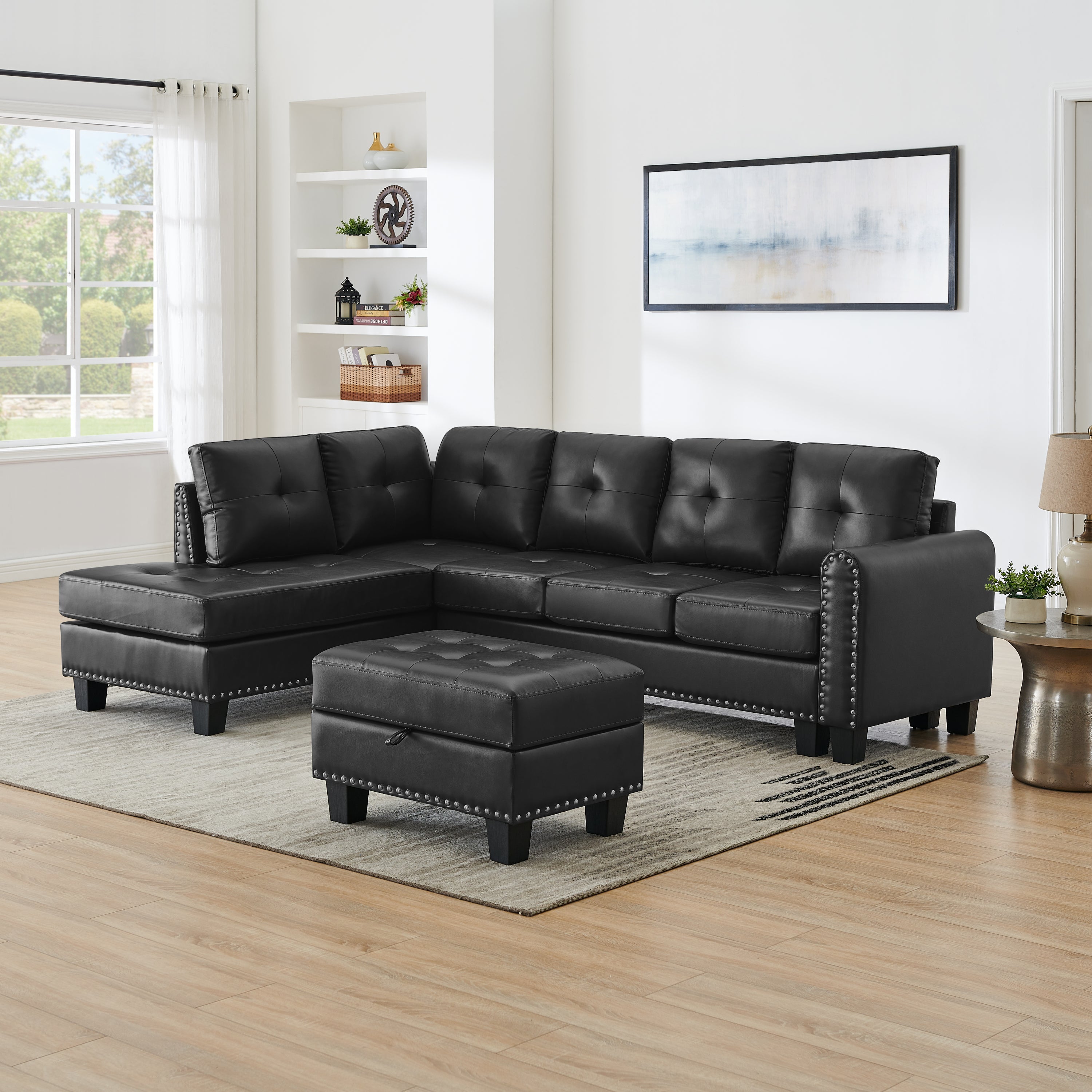 Sectional 3-Seaters Sofa , reversible recliner, Storage pad and wood grain cup holder, Non-slip leg, pu, black