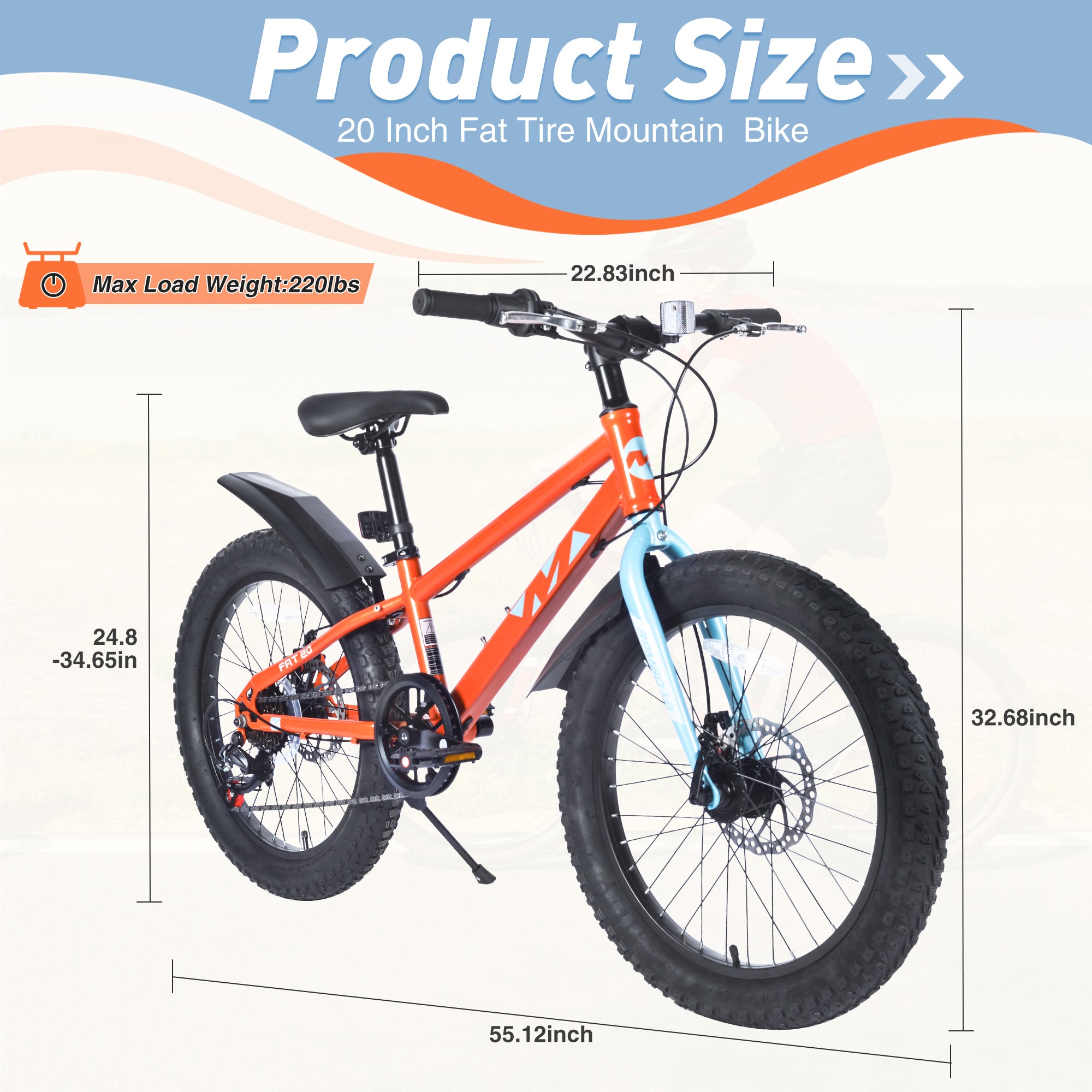 20 Inch Kids  Bicycles  ,  Fat Tire Mountain Bike for Boys and Girls Age 5 + Years ,Dual-Disc Brake,Shimano 7-Speed ,Kids Beach and Snow Bicycle