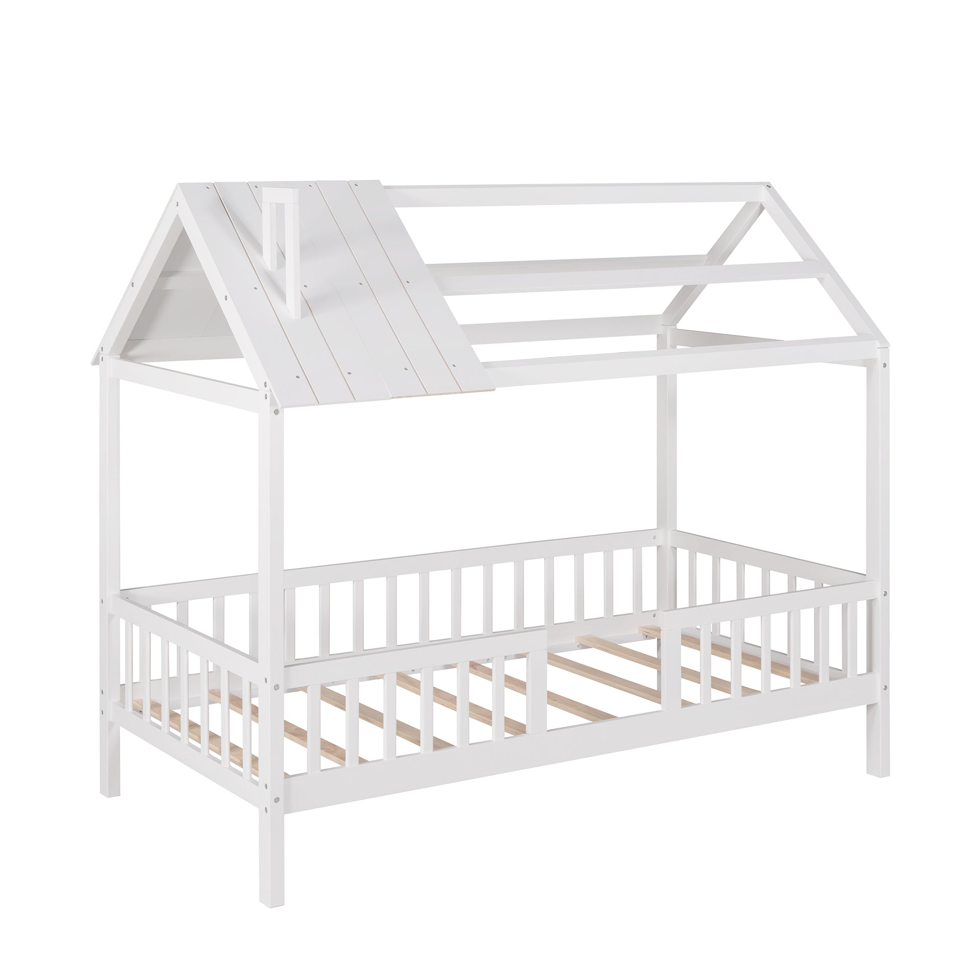 Twin Size Wood House Bed with Fence, White