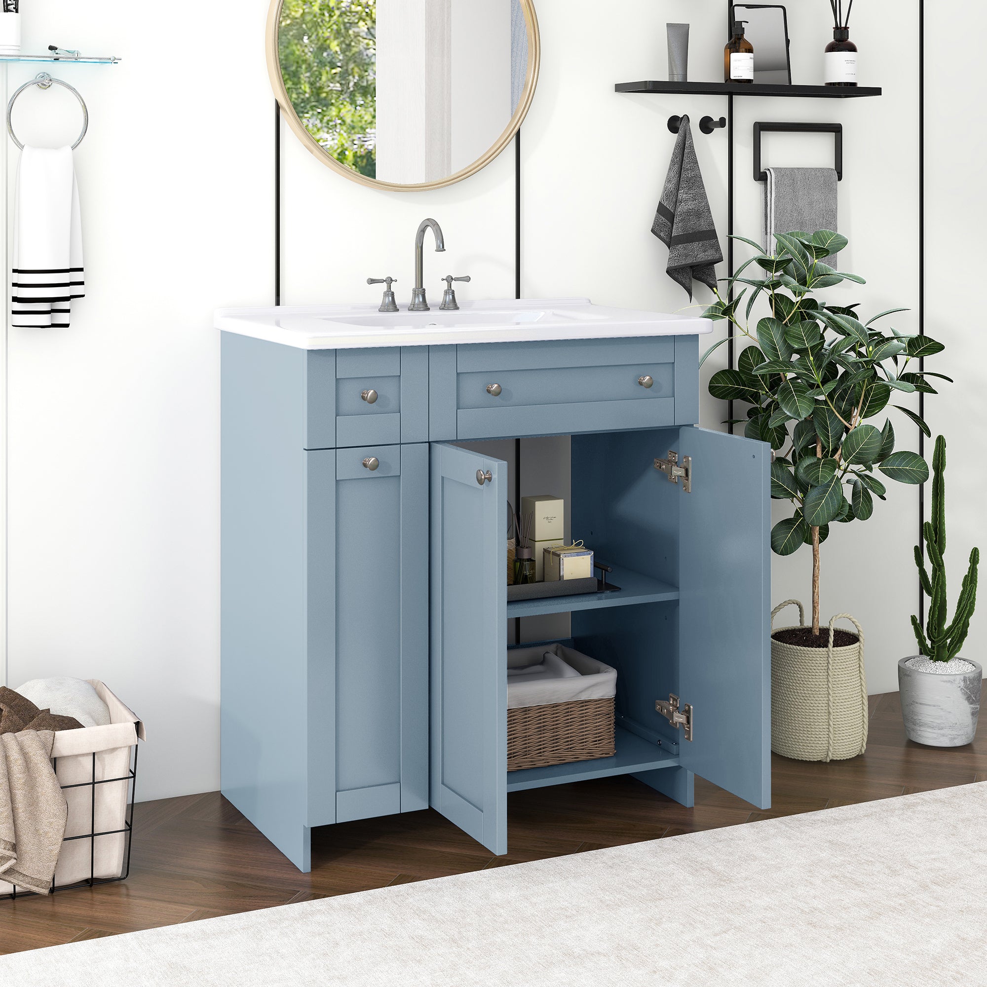 30-Inch Blue Bathroom Vanity with Ceramic Sink Combo, Abundant Storage Cabinet - 2 Soft close Doors and Double-tier Deep Drawer