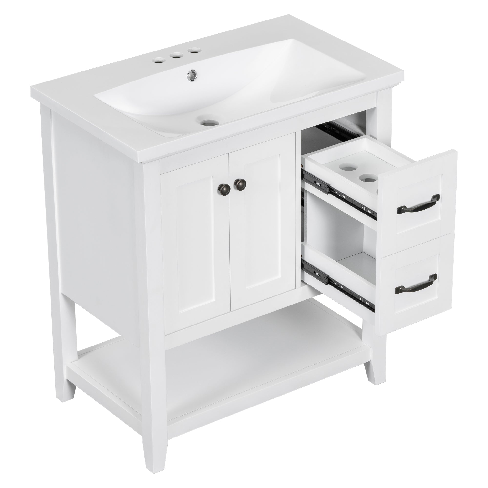 30" Bathroom Vanity with Ceramic Sink Top, Vanity Cabinet with Multi-Functional Drawer, Solid Wood Legs, White