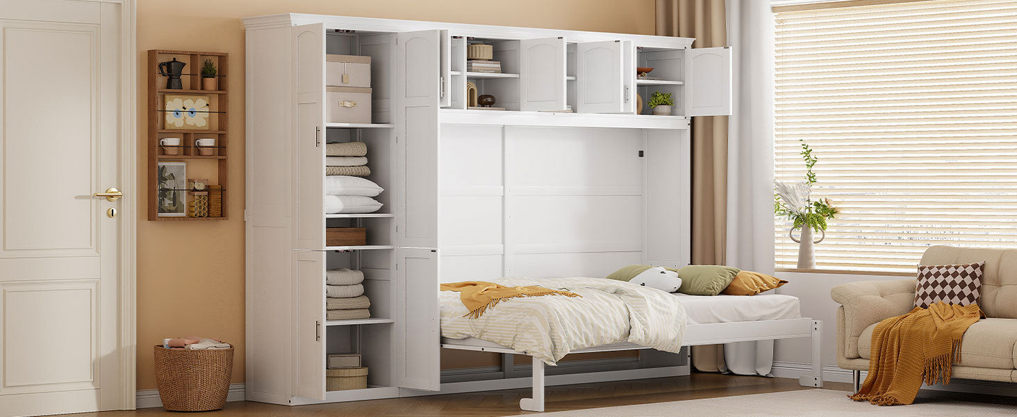 Queen Size Murphy Bed Wall Bed with Cabinets,White