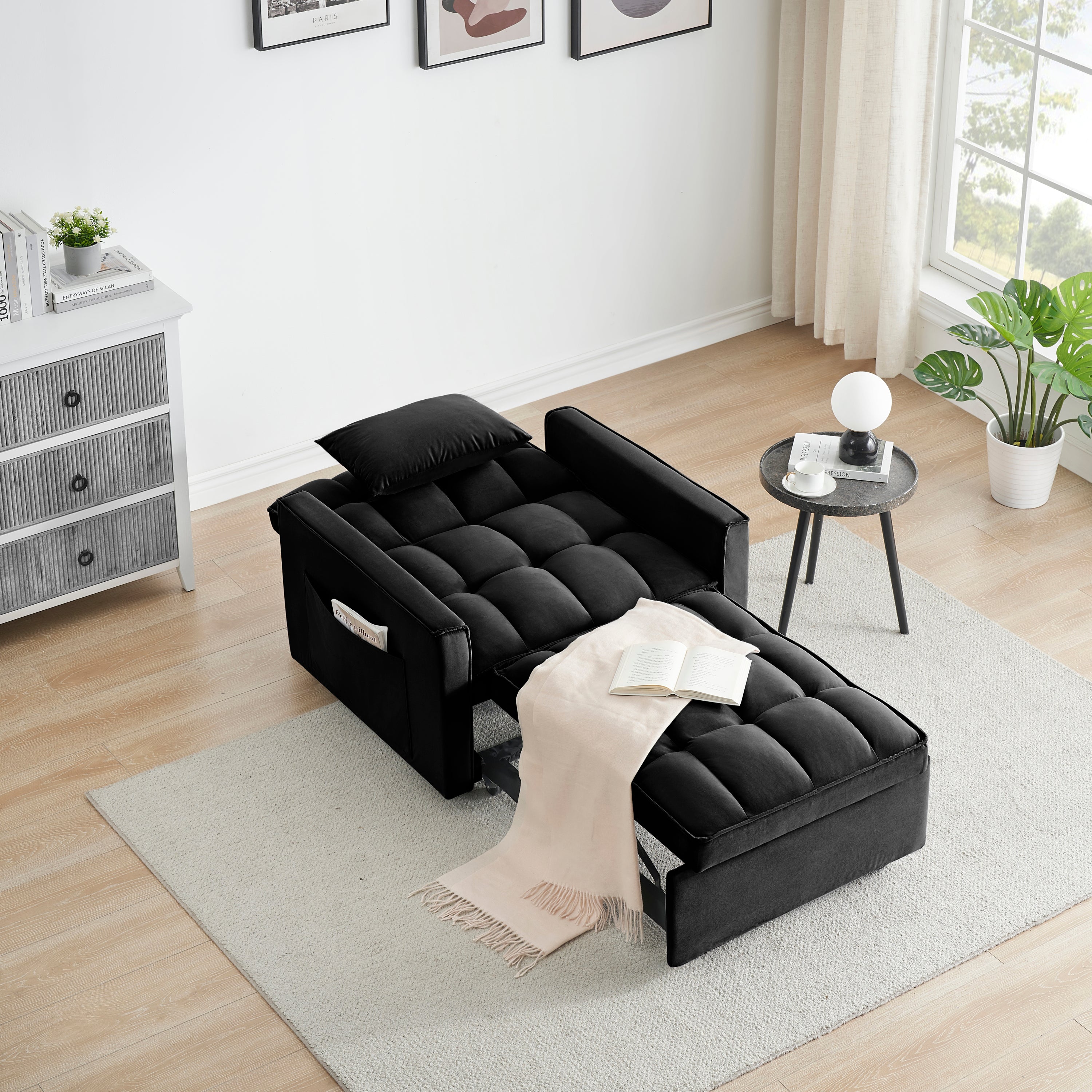 Sofa bed chair 3 in 1 convertible, recliner, single recliner, suitable for small Spaces with adjustable back black