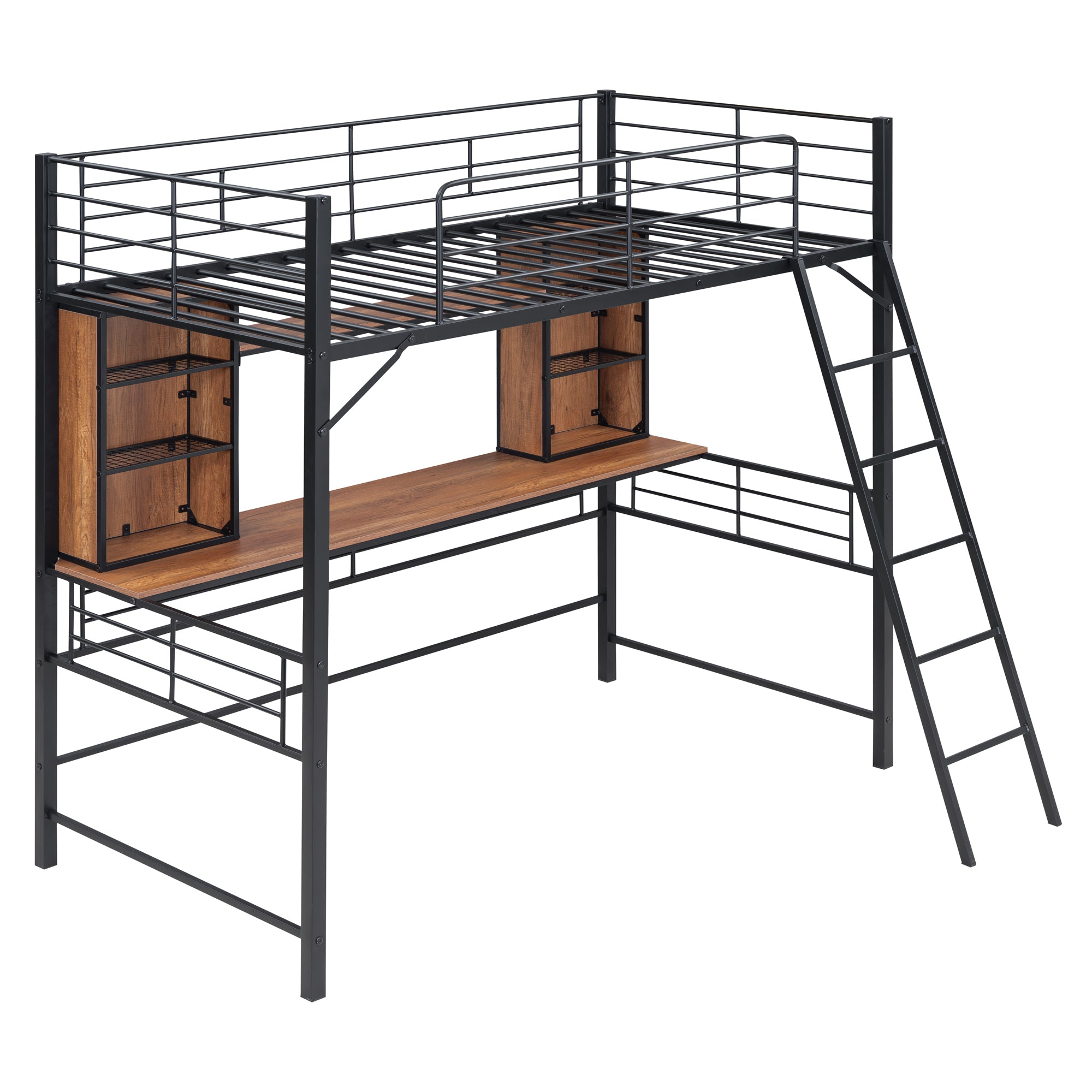 Twin Size Loft Bed with Desk and Shelf , Loft Bed with Ladder,Twin,Black