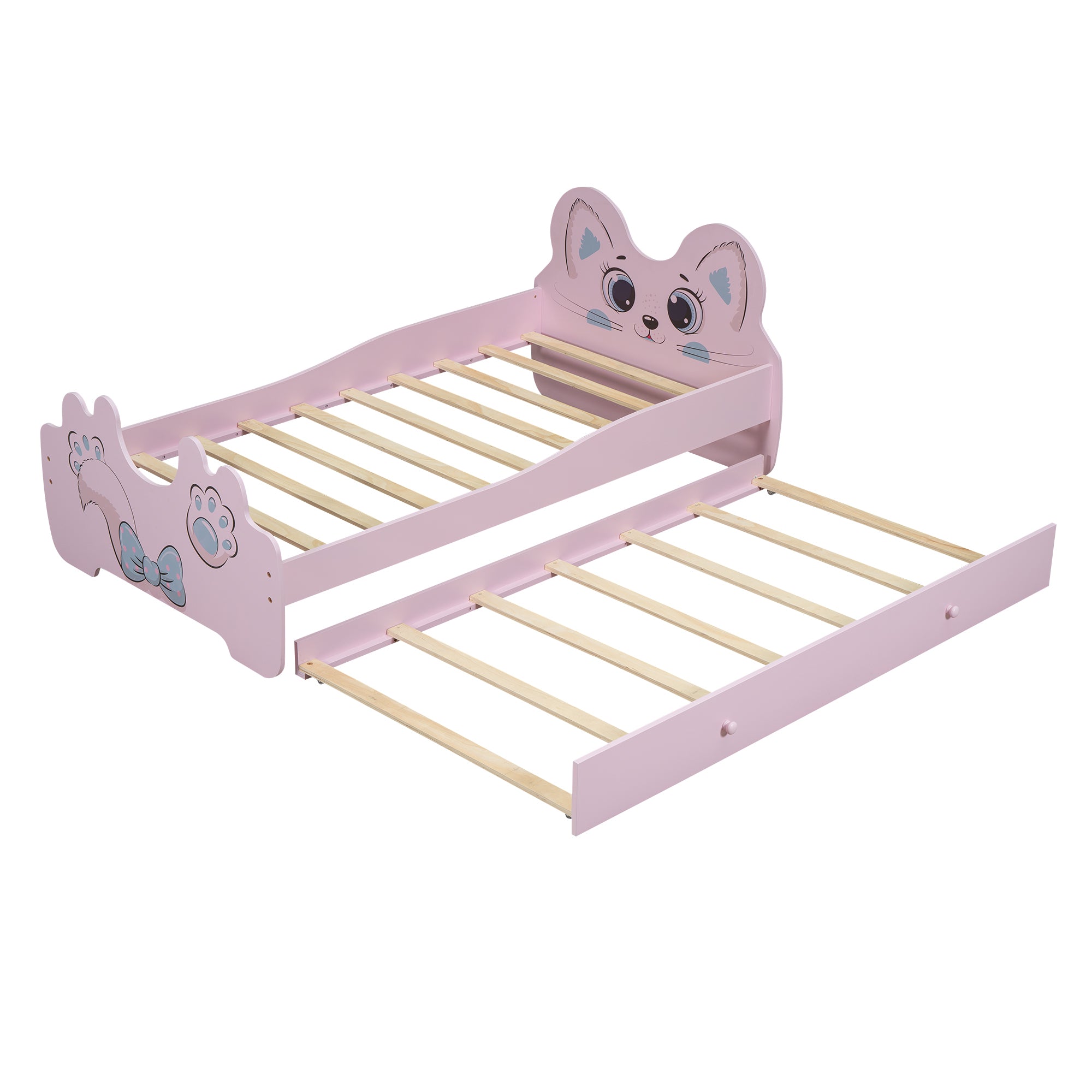 Cartoon Twin Size Platform Bed with Trundle, Pink