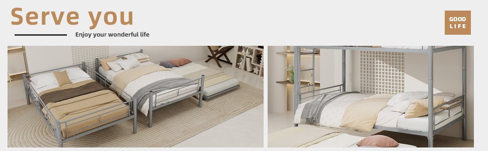 Twin triple bunk bed, heavy-duty steel silver finish, angled view