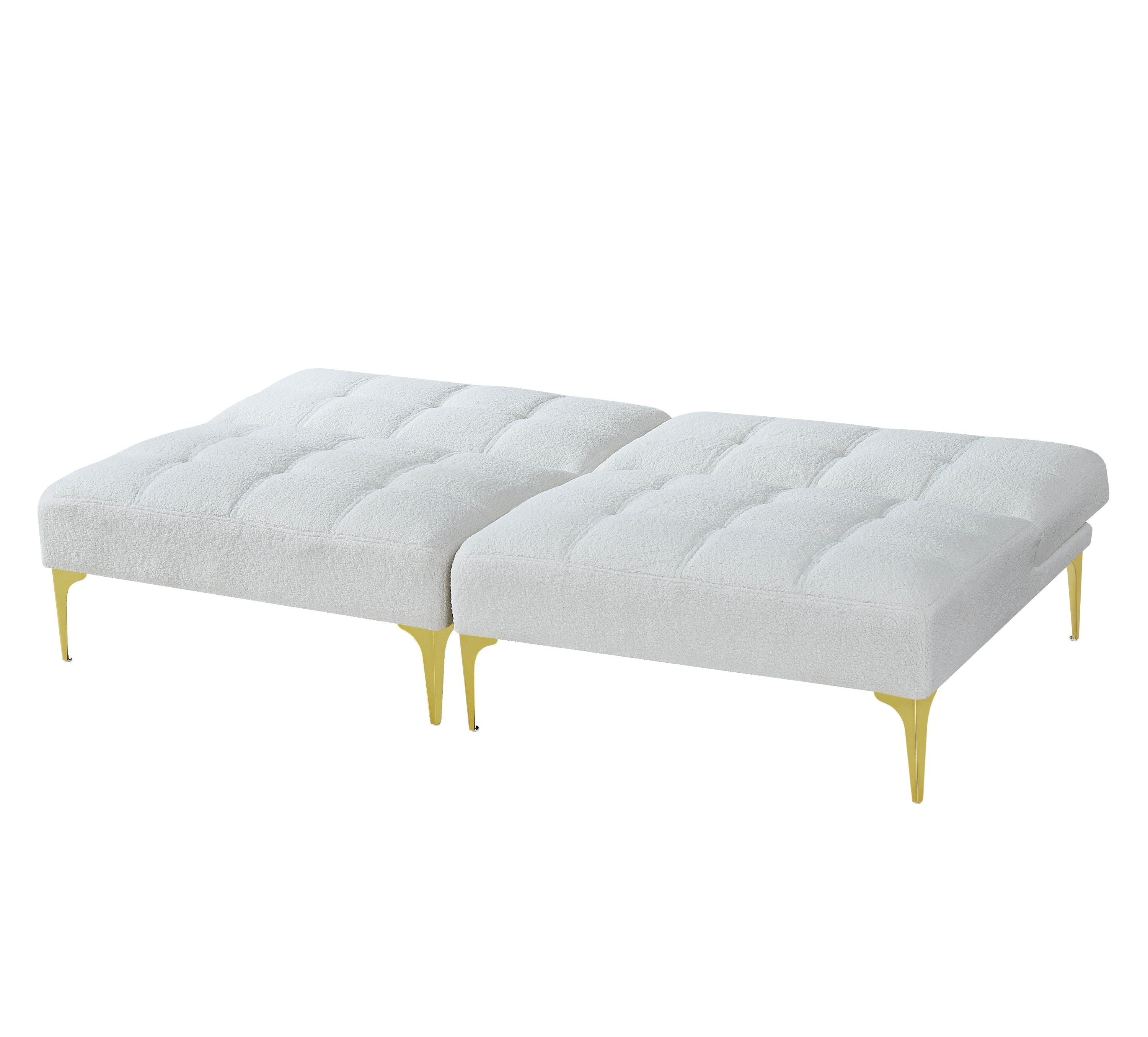 Convertible sofa bed futon with gold metal legs teddy fabric (White)