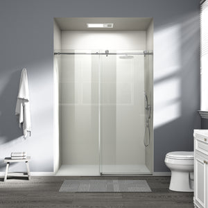 Frameless single sliding shower door 56-60 inch brushed nickel front view