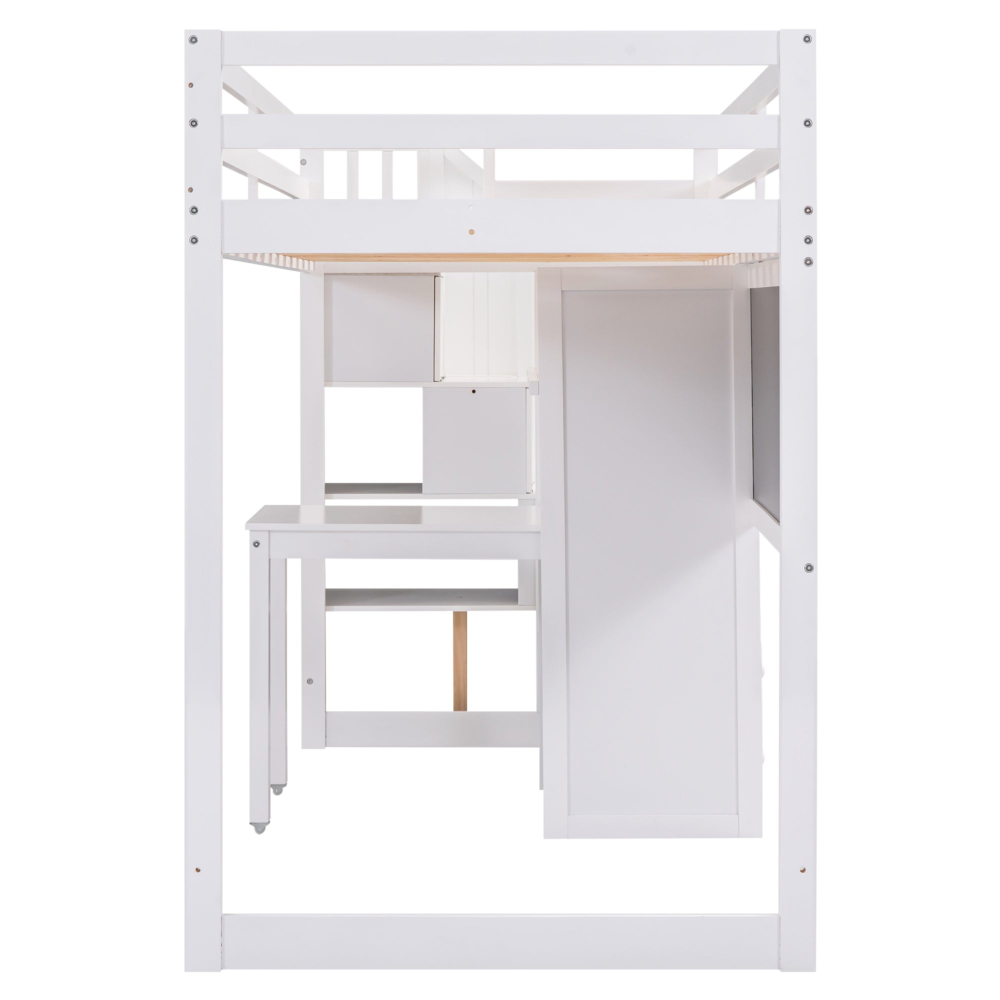 Twin Size Loft Bed with Pullable Desk and Storage Shelves,Staircase and Blackboard,White