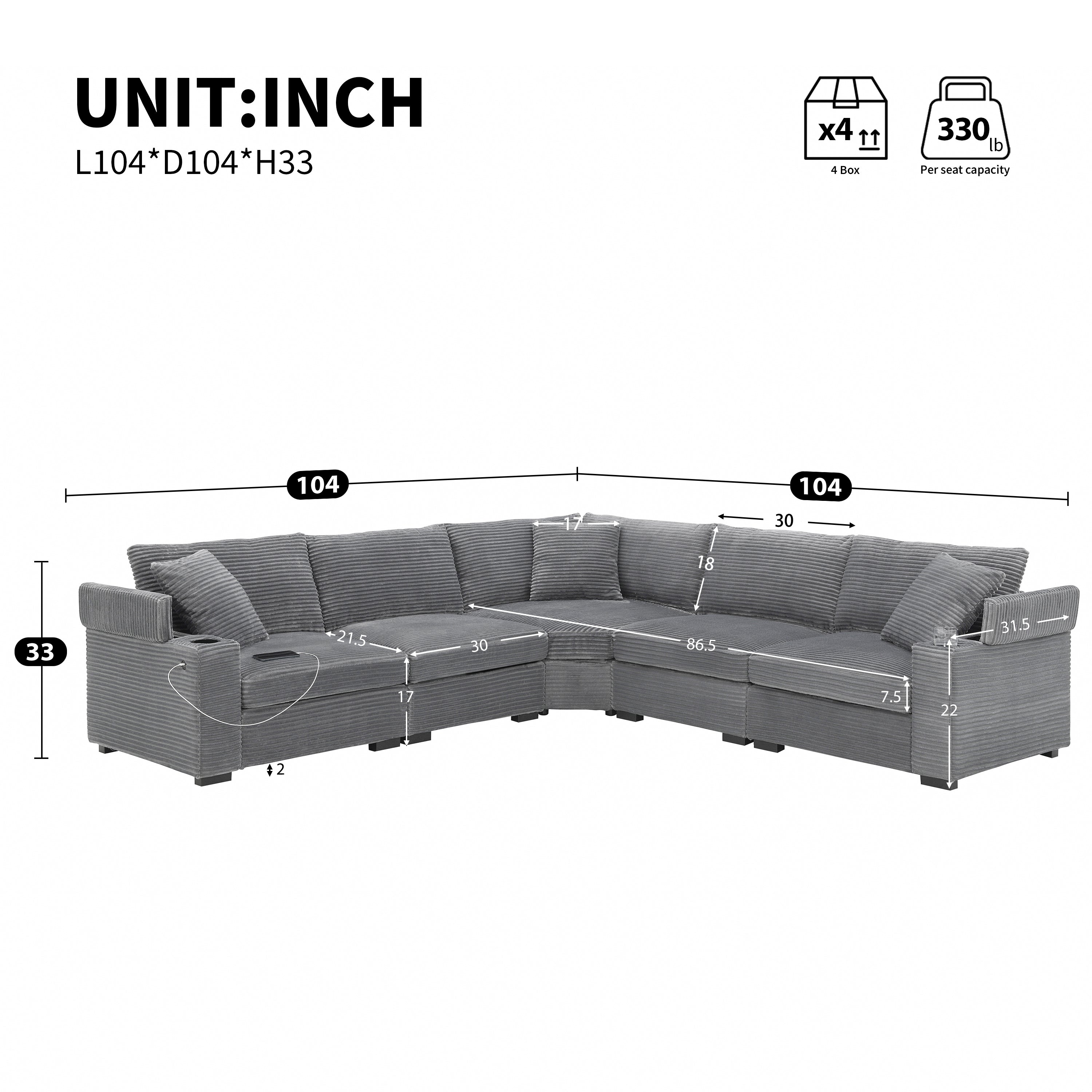 104-inch oversized modular corduroy sectional sofa in living room setting