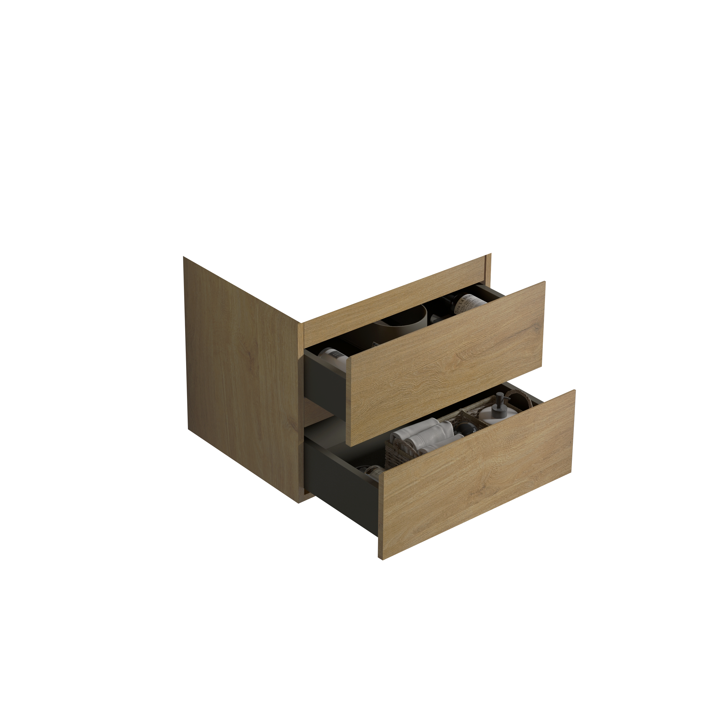 Alice24-106, Wall mount cabinet without basin, Natural oak color, with two drawers, Pre-assembled