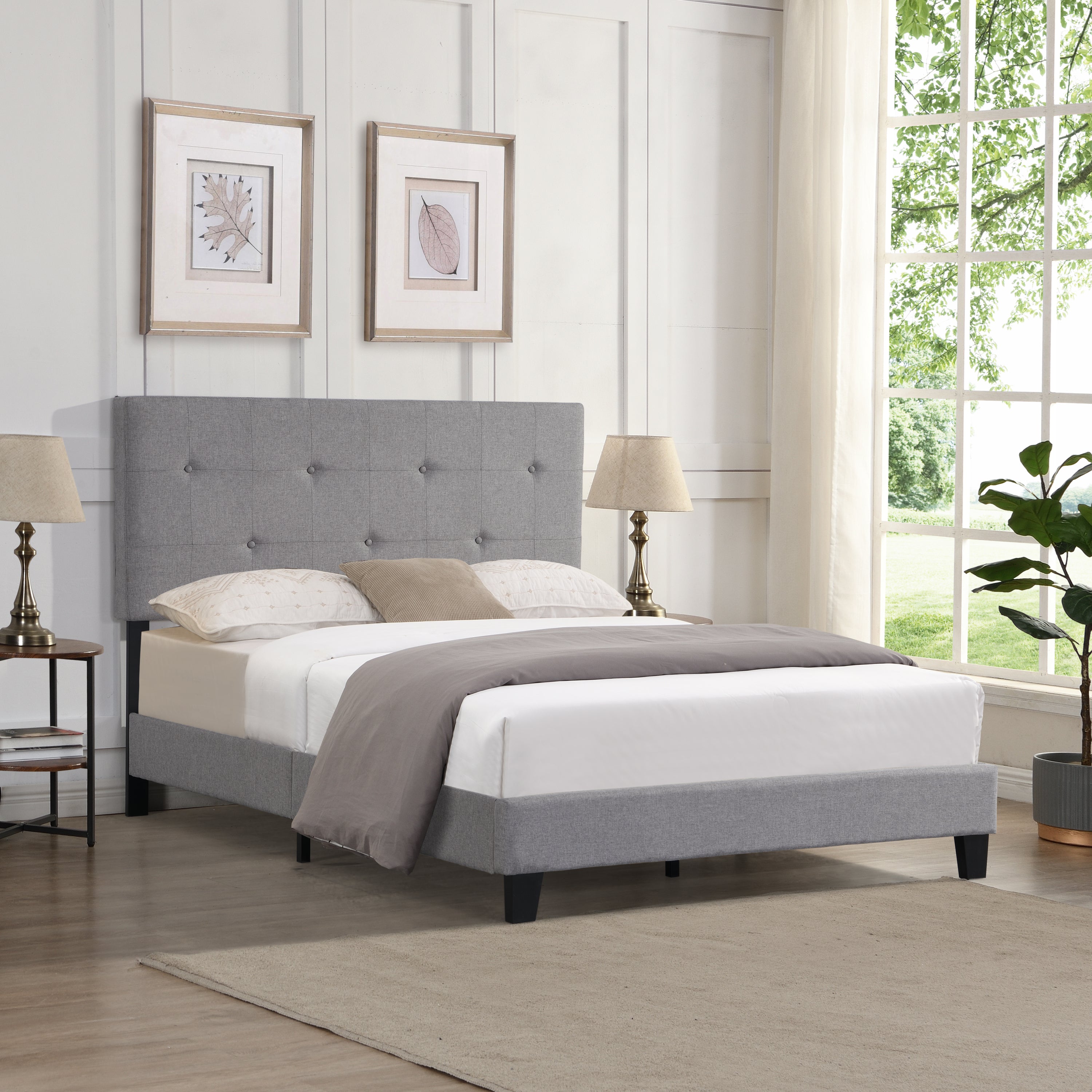 Queen Size Upholstered Platform Bed Frame with Button Tufted Linen Fabric Headboard, No Box Spring Needed, Wood Slat Support, Easy Assembly,  Gray