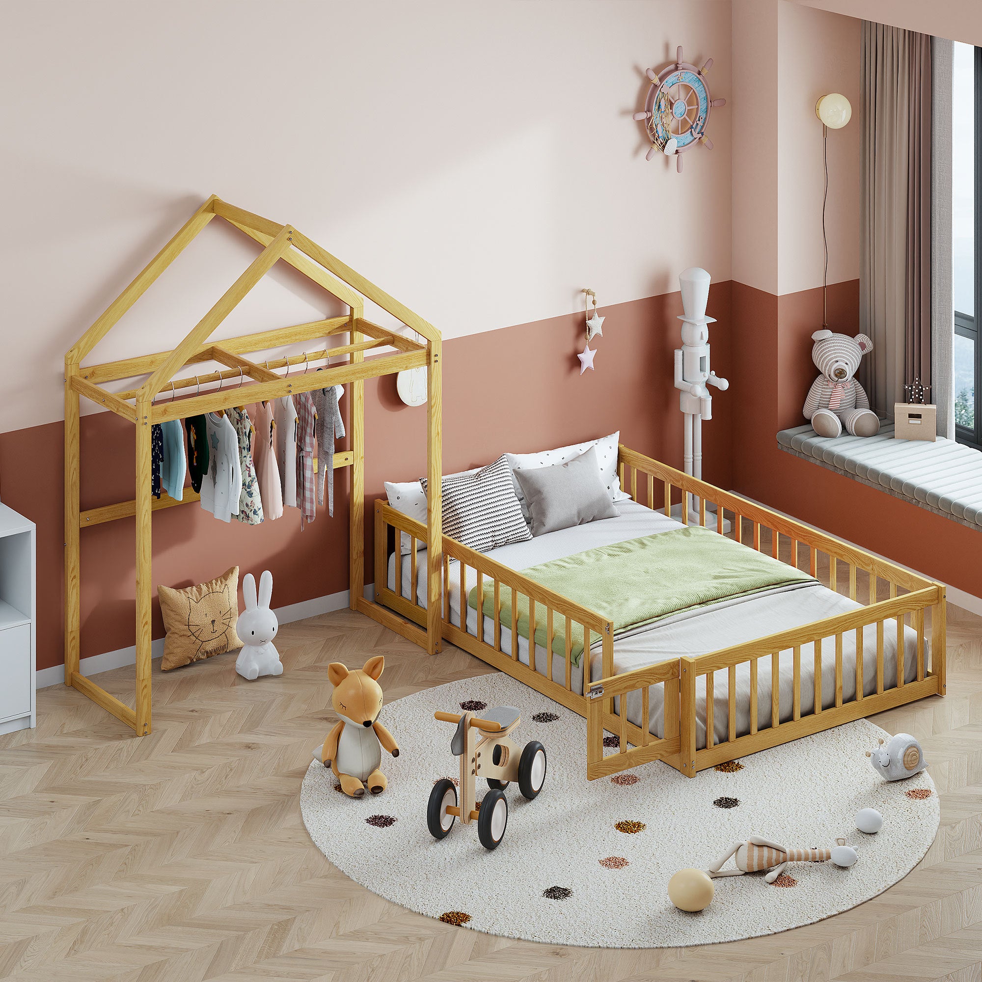 Wooden Floor Bed with Fence Railings and Detachable House Shape Headboard,Full Size Bed with Kids Dress Up Rack, Kids Montessori Style Playhouse Frame for Girls Boys, Natural