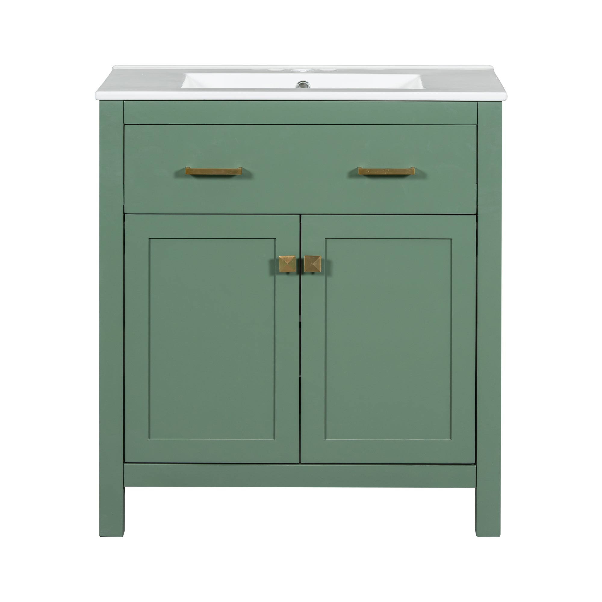 30-inch Bathroom Vanity with Ceramic Sink, Modern Green Single Bathroom Cabinet with 2 Doors and a Shelf, Soft Close Doors