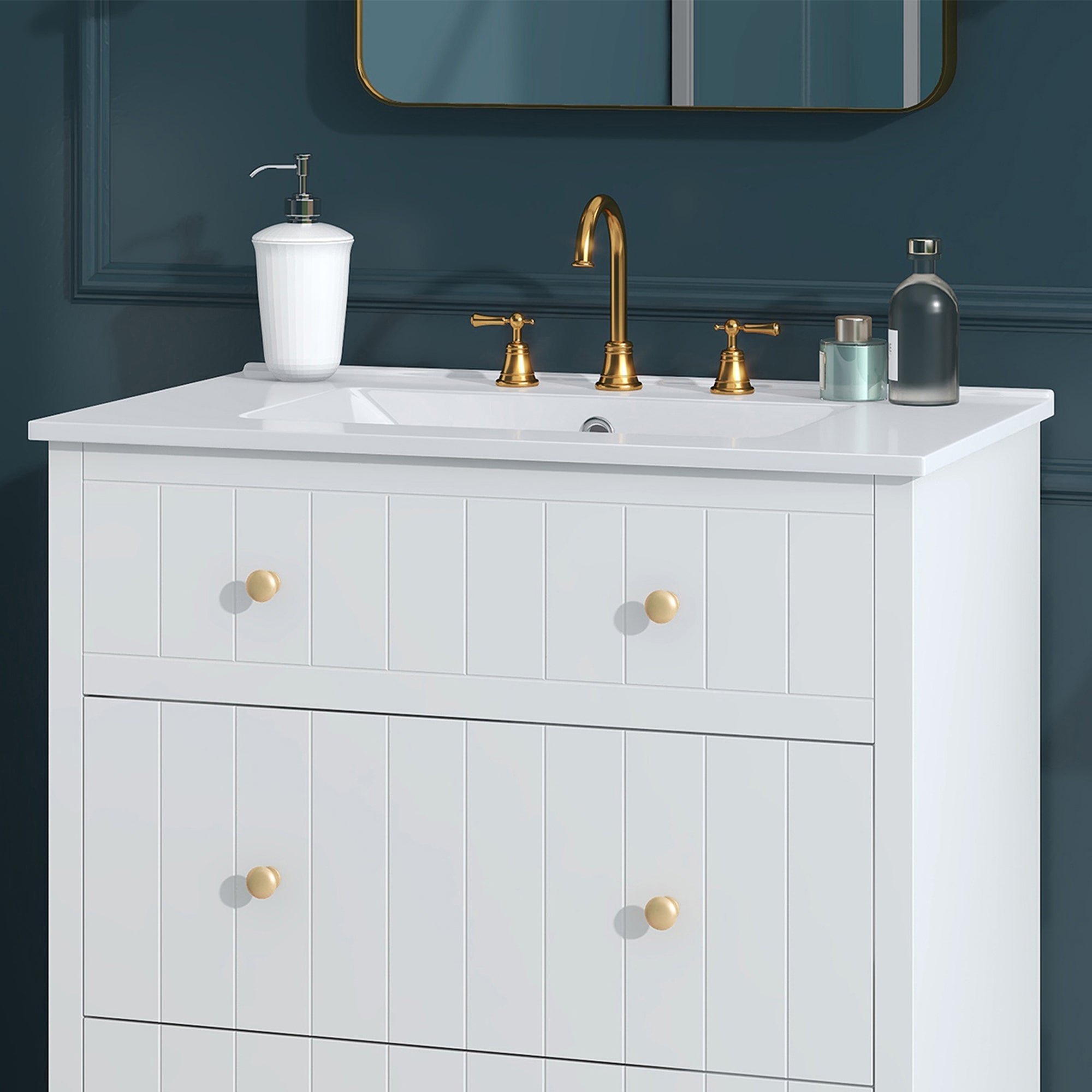 [Sink Only] 30x18" Rectangular 3 Hole Bathroom Ceramic Sink, Vanity Top Sink Only, Fits 8" Center Faucet, White (Faucet and cabinet not included)