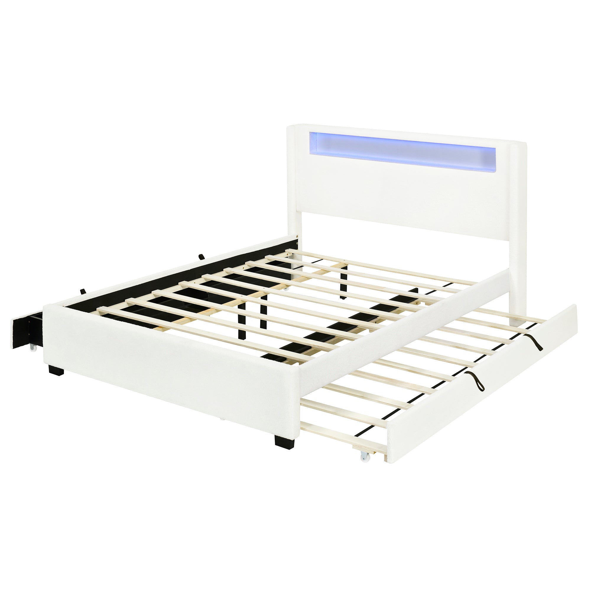 Queen Size Upholstered Platform Bed with LED Frame, with Twin  XL Size Trundle and 2 drawers, Teddy Fleece, White