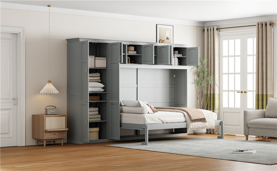 Queen Size Murphy Bed Wall Bed with Cabinets,Gray