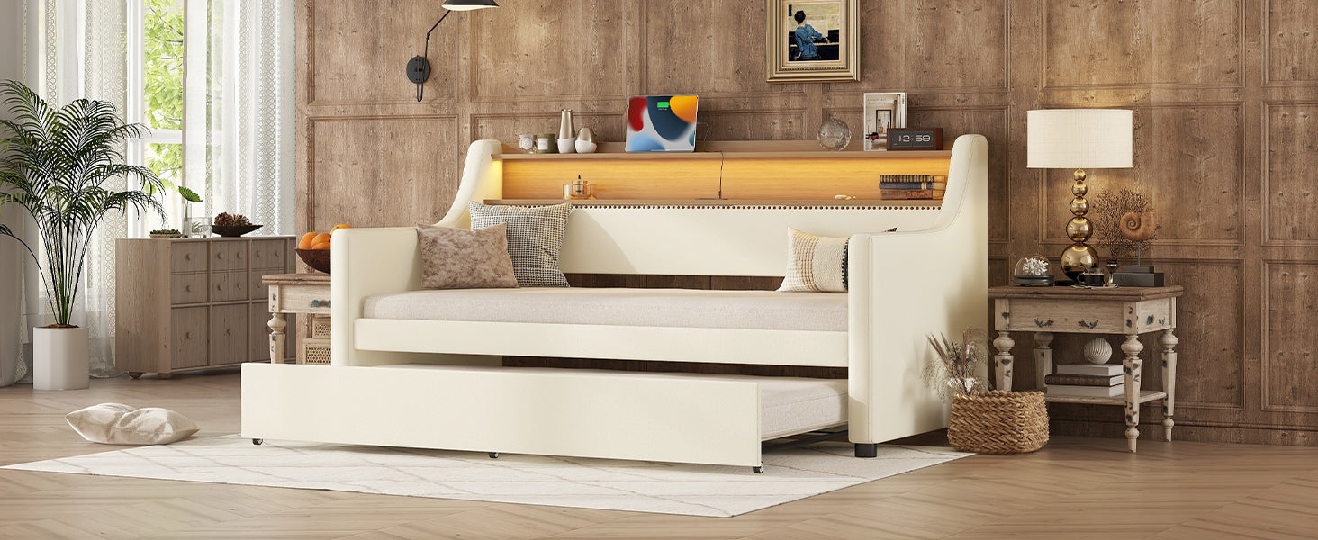 Twin Size Daybed with Trundle, Upholstered Daybed with Charging Station and LED Lights, White (Expect arrive date:May 20th. )