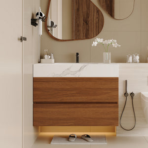 29.9 inch modern floating bathroom vanity with faux marble top, front view