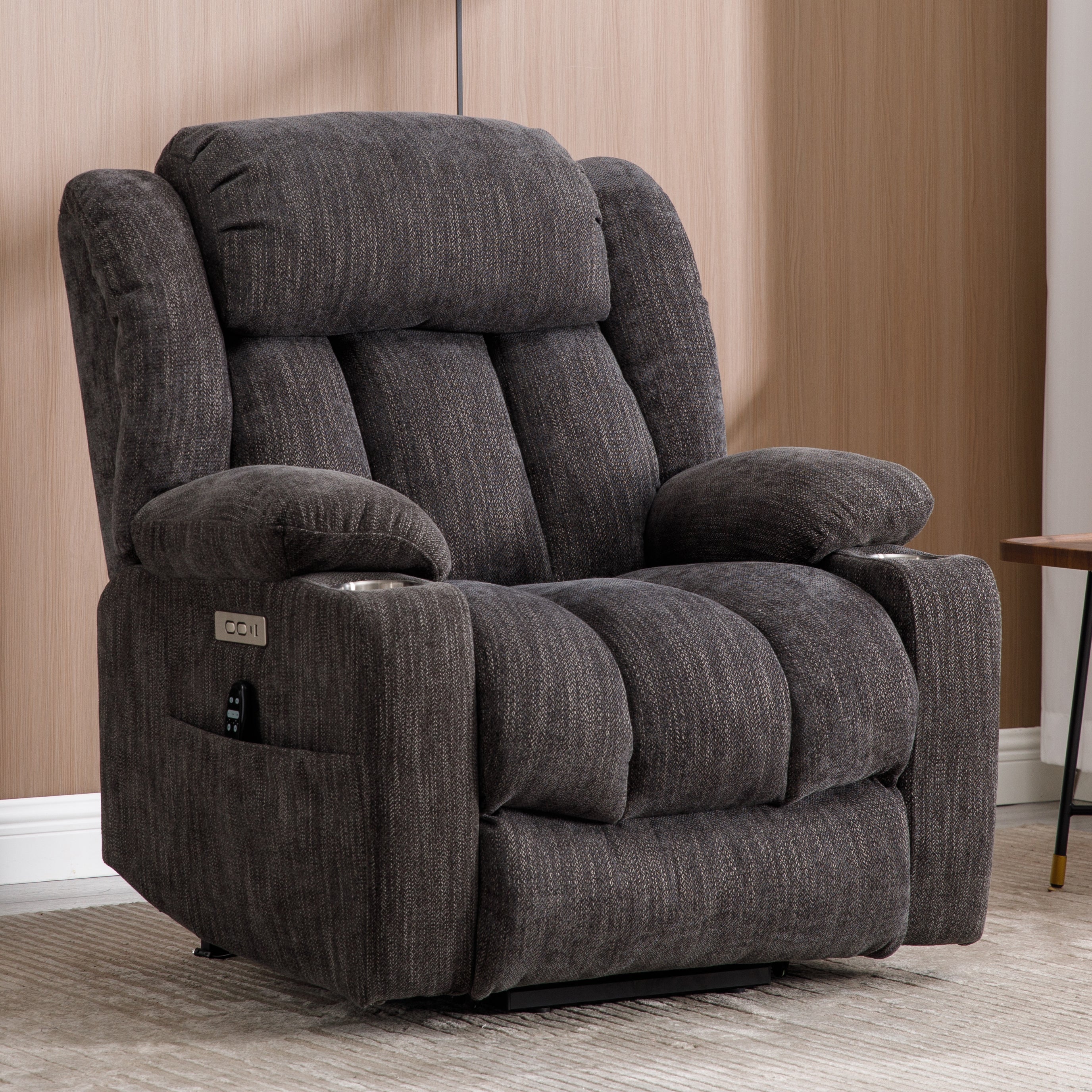 Up to 350 LBS Chenille Power Lift Recliner Chair, Heavy Duty Motion Mechanism with 8-Point Vibration Massage and Lumbar Heating, USB and Type-C Ports, Stainless Steel Cup Holders, Grey