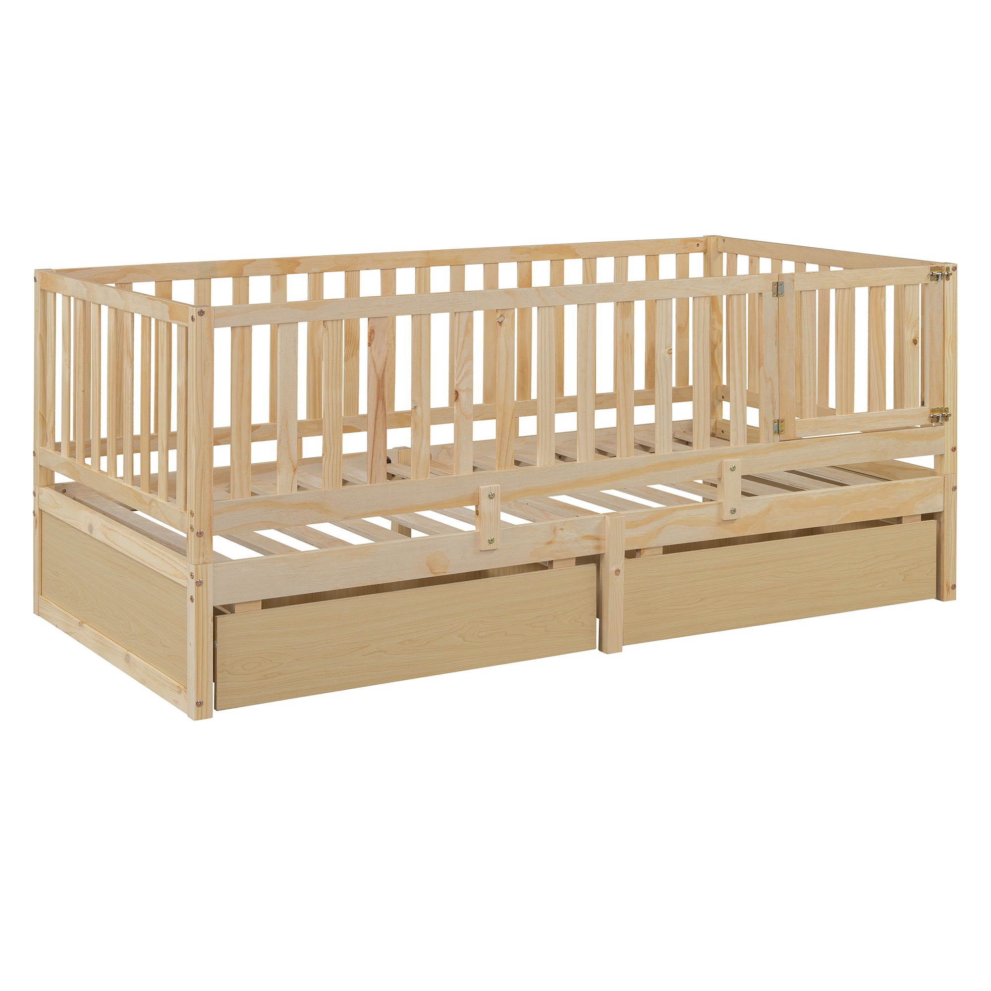 Twin Size Wood Daybed with Fence Guardrails and 2 Drawers, Split into Independent Floor Bed & Daybed, Natural(OLD SKU :LP000881AAN)