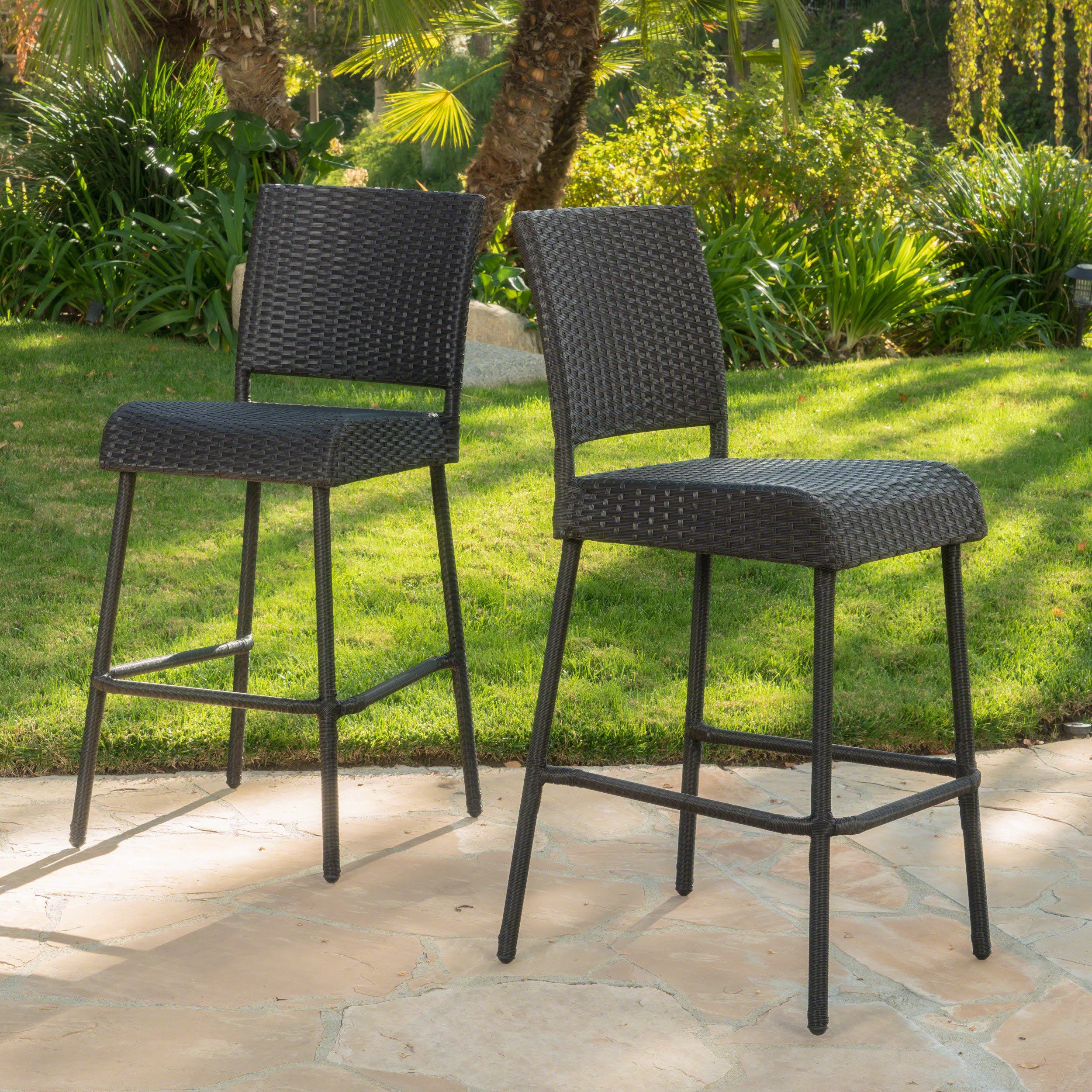 29" Outdoors PE Rattan Armless Barstools, Set of 2, Dark Brown