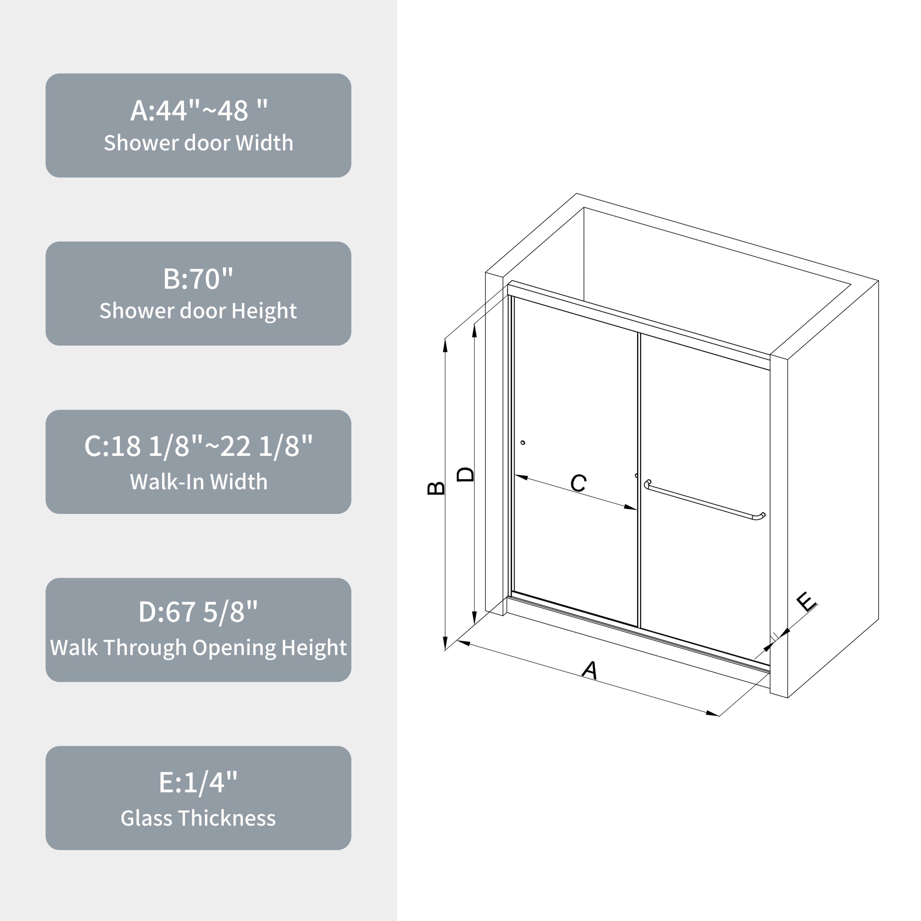 44"-48"W x 70"H Bypass shower door, sliding door with 1/4" tempered glass