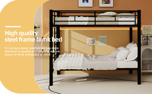 Black twin over twin convertible metal bunk bed with guardrails and ladder