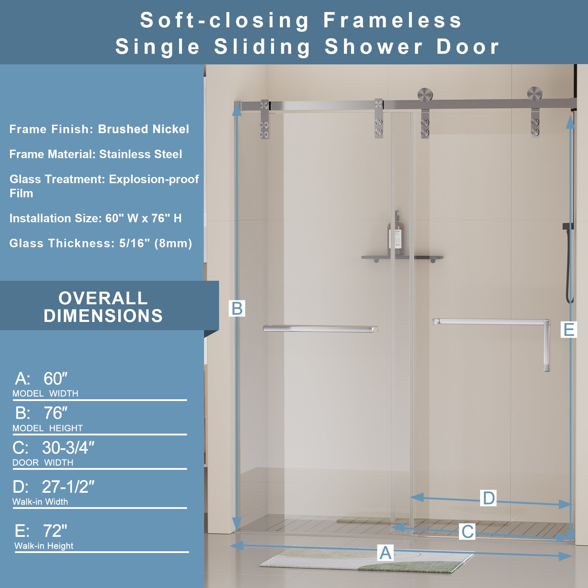 60 in. W x 76 in. H Frameless Soft-closing Shower Door, Single Sliding Shower Door, 5/16" (8mm) Clear Tempered Glass Shower Door with Explosion-Proof Film, Brushed Nickel 24D211-60BN-COMBO