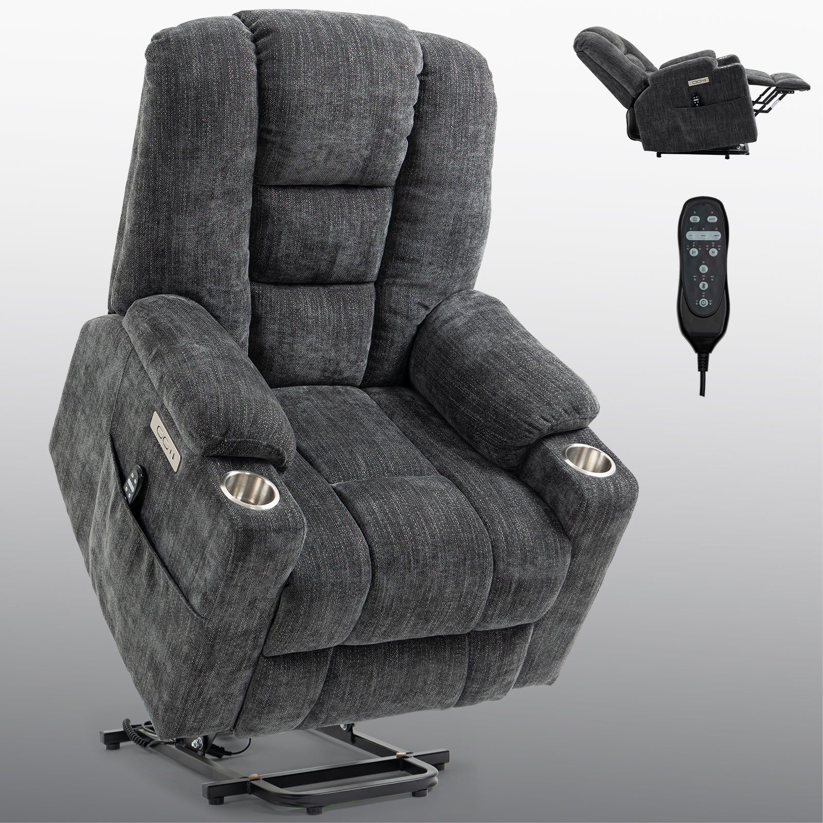 EMON'S Large Power Lift Recliner Chair with Massage and Heat for Elderly, Overstuffed Wide Recliners, Heavy Duty Motion Mechanism with USB and Type C Ports, 2 Steel Cup Holders, Gray