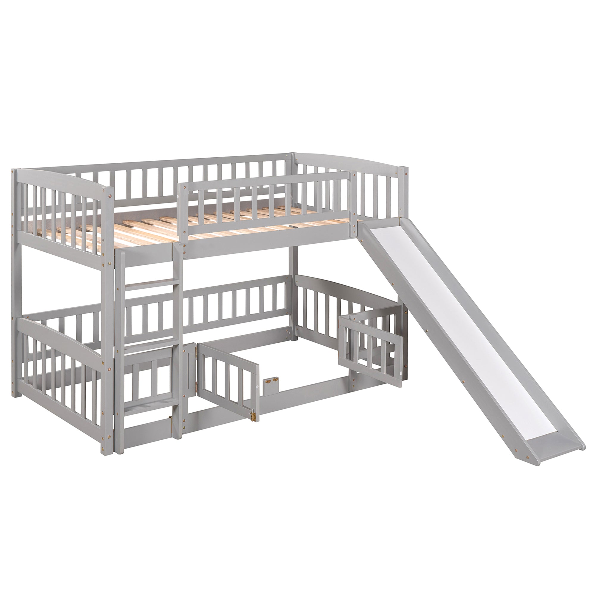 Bunk Bed with Slide,Twin Over Twin Low Bunk Bed with Fence and Ladder for  Kids Teens Grey