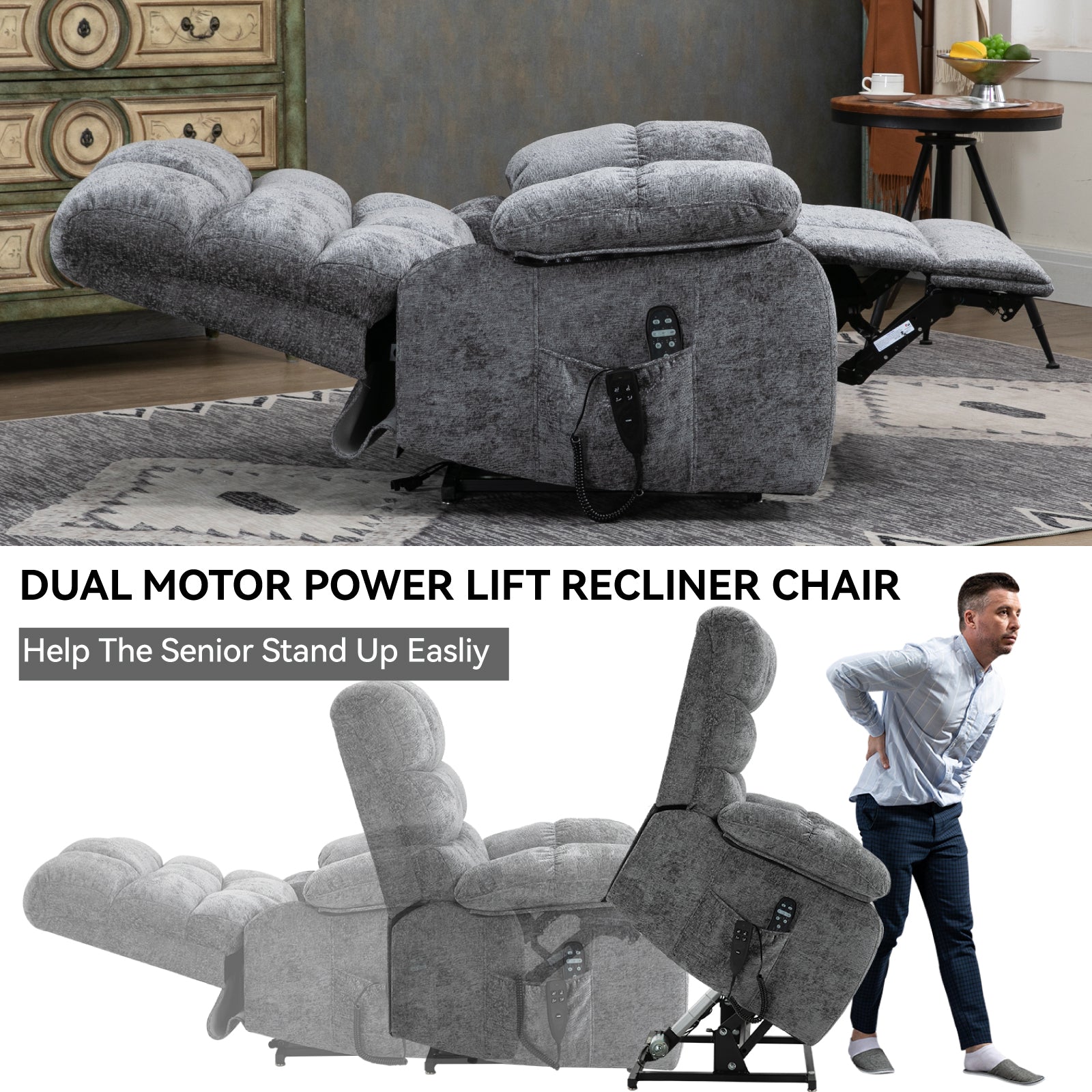 Lift Recliner Chair Heat Massage Dual Motor Infinite Position Up to 350 LBS Large Electric Power Lift Recliners with Power-Remote, Medium-firm and Heavy duty, Grey