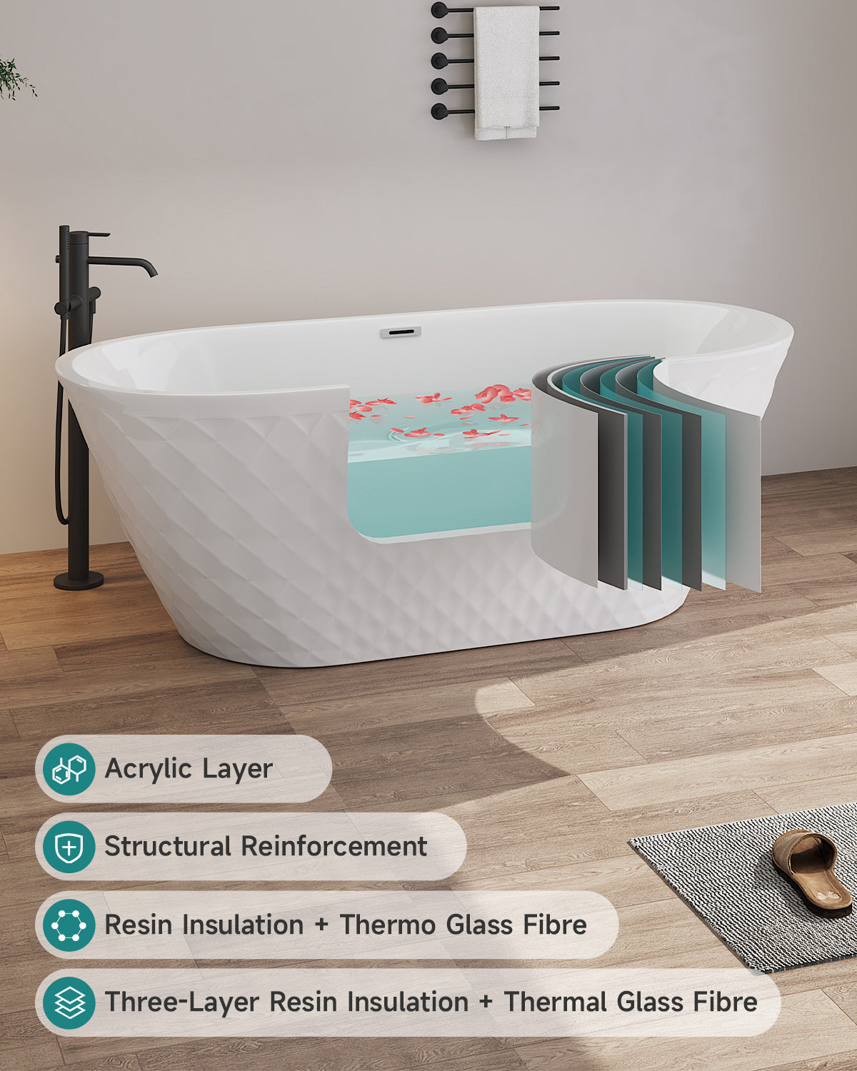 67'' acrylic freestanding bathtub with unique diamond pattern design: spacious oval shape,  Gloss white finish, Chrome overflow and pop-up drain CUPC Certificate