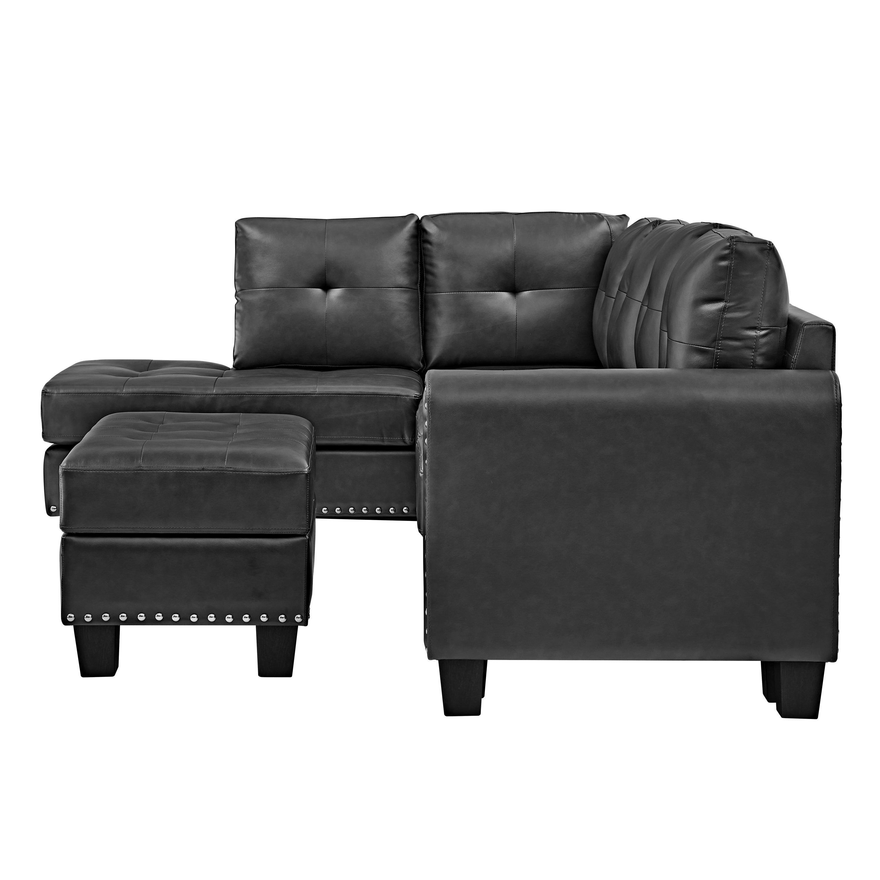 Sectional 3-Seaters Sofa , reversible recliner, Storage pad and wood grain cup holder, Non-slip leg, pu, black