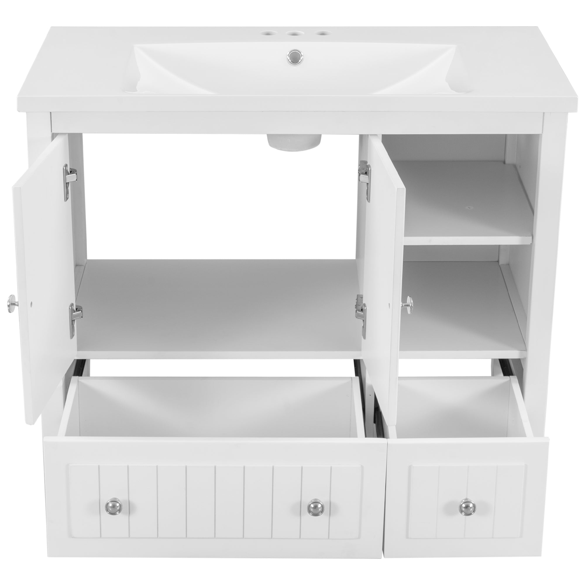 [VIDEO] 36" Bathroom Vanity with Ceramic Basin, Bathroom Storage Cabinet with Two Doors and Drawers, Solid Frame, Metal Handles, White