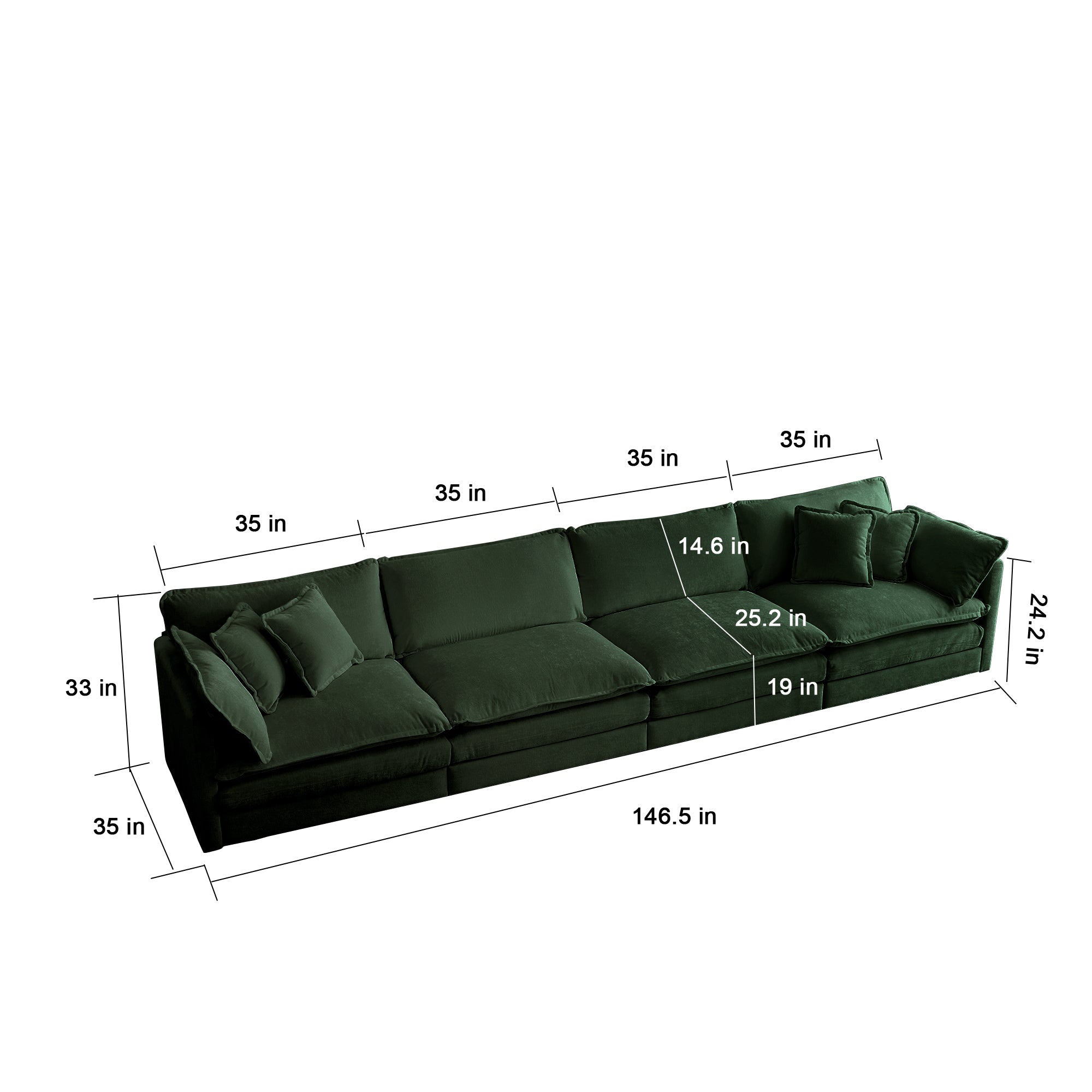 Comfort U Shaped Couch with Reversible Chaise, Modular Large U-Shape Sectional Sofa, Double Extra Ottomans,Green Chenille