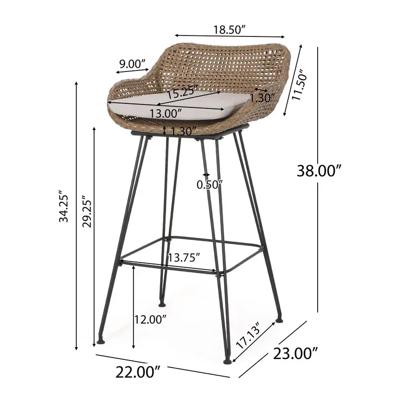 29.25" Outdoor Wicker and Iron Low Back Barstools, Light Brown, with Beige Cushion (Set of 2)