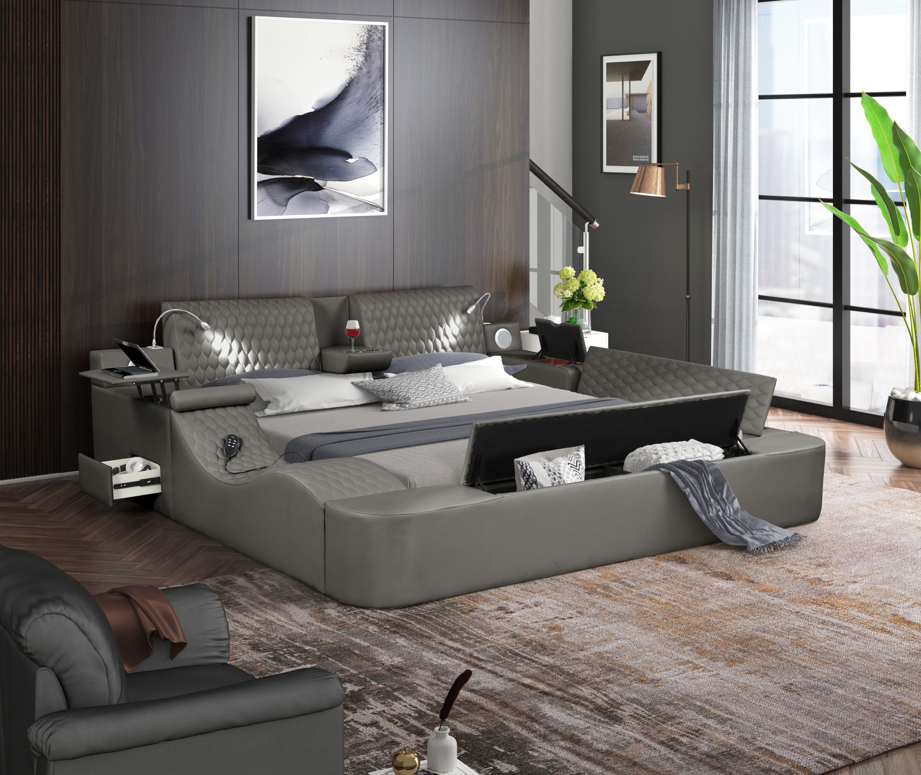 Smart Multifunctional Queen Size Bed Made with Wood in Gray