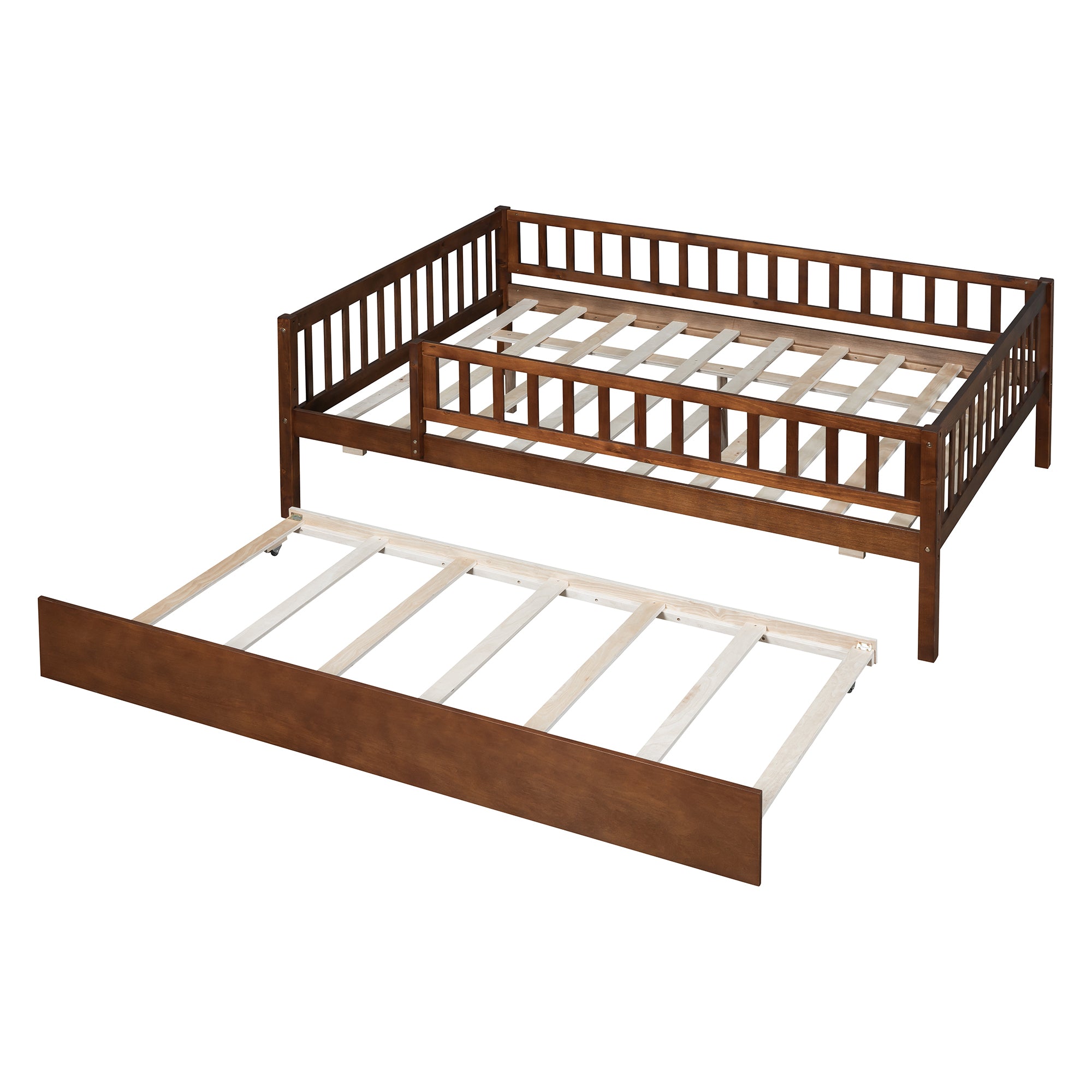 Full Size Wood Daybed with Trundle and Fence Guardrails, Walnut