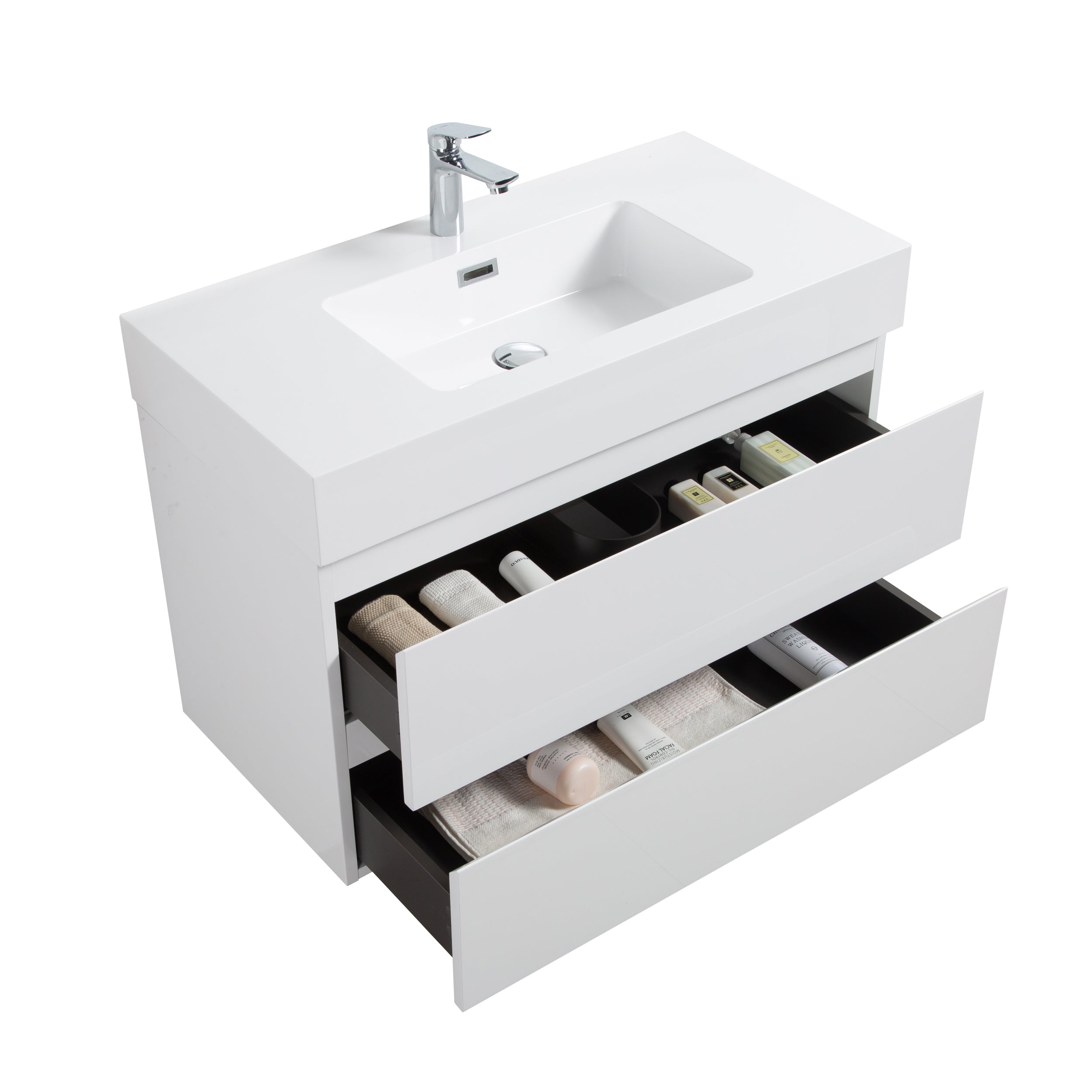 Alice 36" White Bathroom Vanity with Sink, Large Storage Wall Mounted Floating Bathroom Vanity for Modern Bathroom, One-Piece White Sink Basin without Drain and Faucet, Pre-assembled