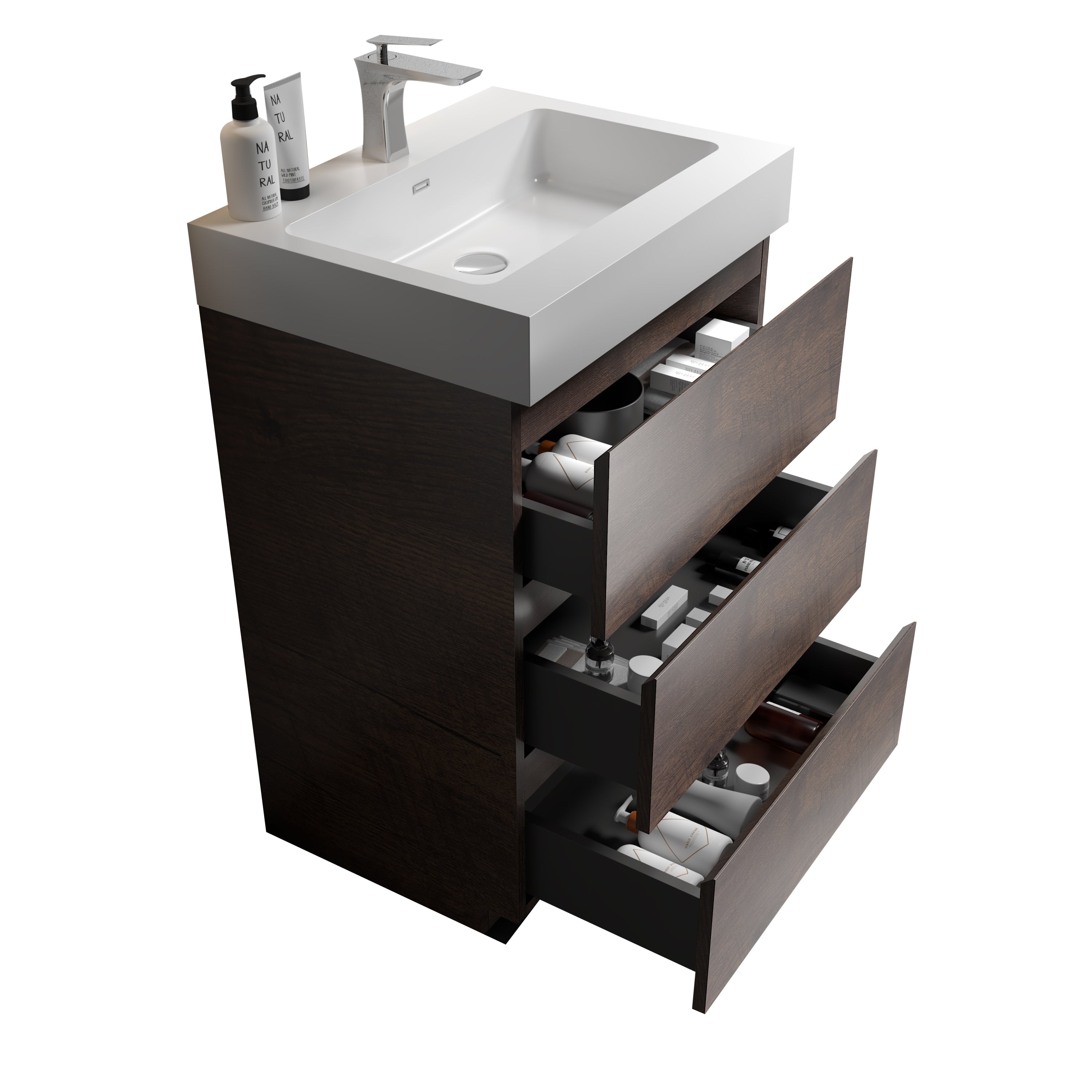 Alice 24" Walnut Bathroom Vanity with Sink, Large Storage Freestanding Bathroom Vanity for Modern Bathroom, One-Piece White Sink Basin without Drain and Faucet, Pre-assembled